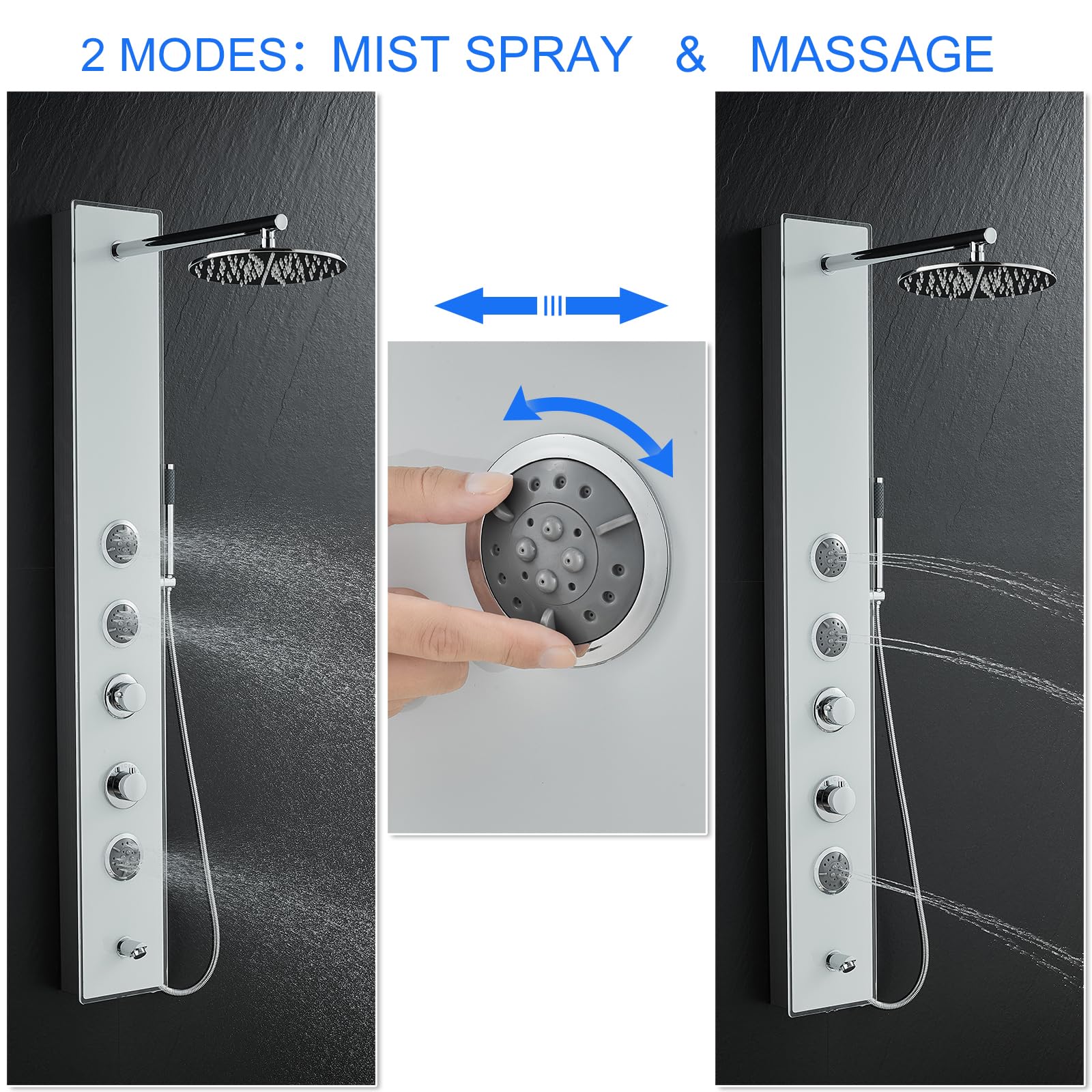 Premium White Glass Shower Panel Tower System - 304 Stainless Steel & Glass 4-in-1 Shower Tower with 9