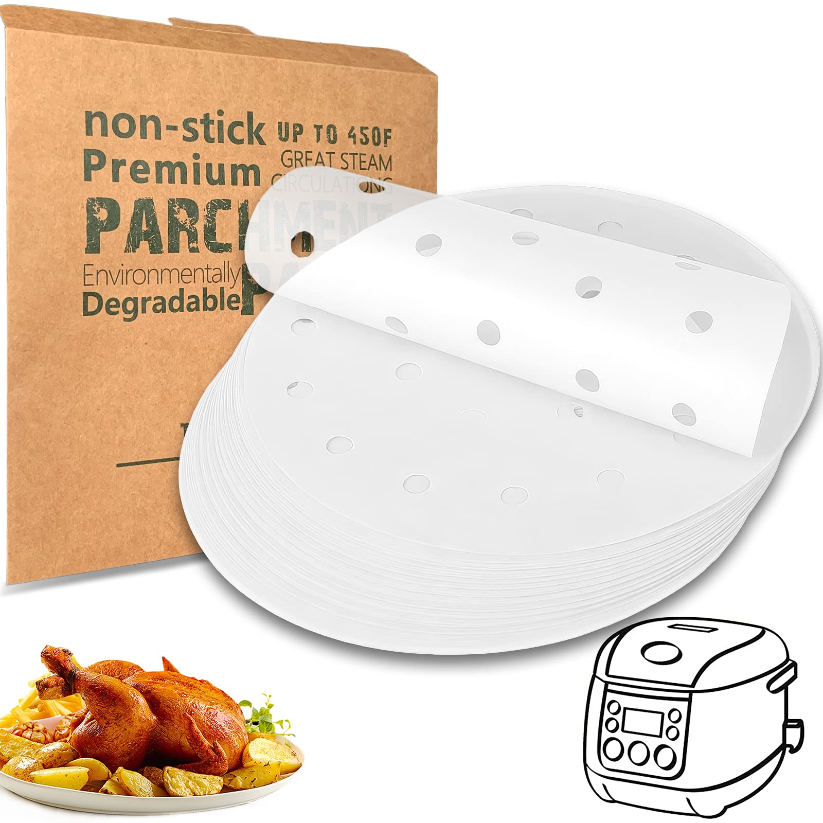 8.5 Inch Large Perforated Non-Stick Parchment Paper Liners - 100+ Sheets for Air Fryer, Steamer & Baking (7.5, White) | Perfect for Roasting, Steaming & Healthy Cooking