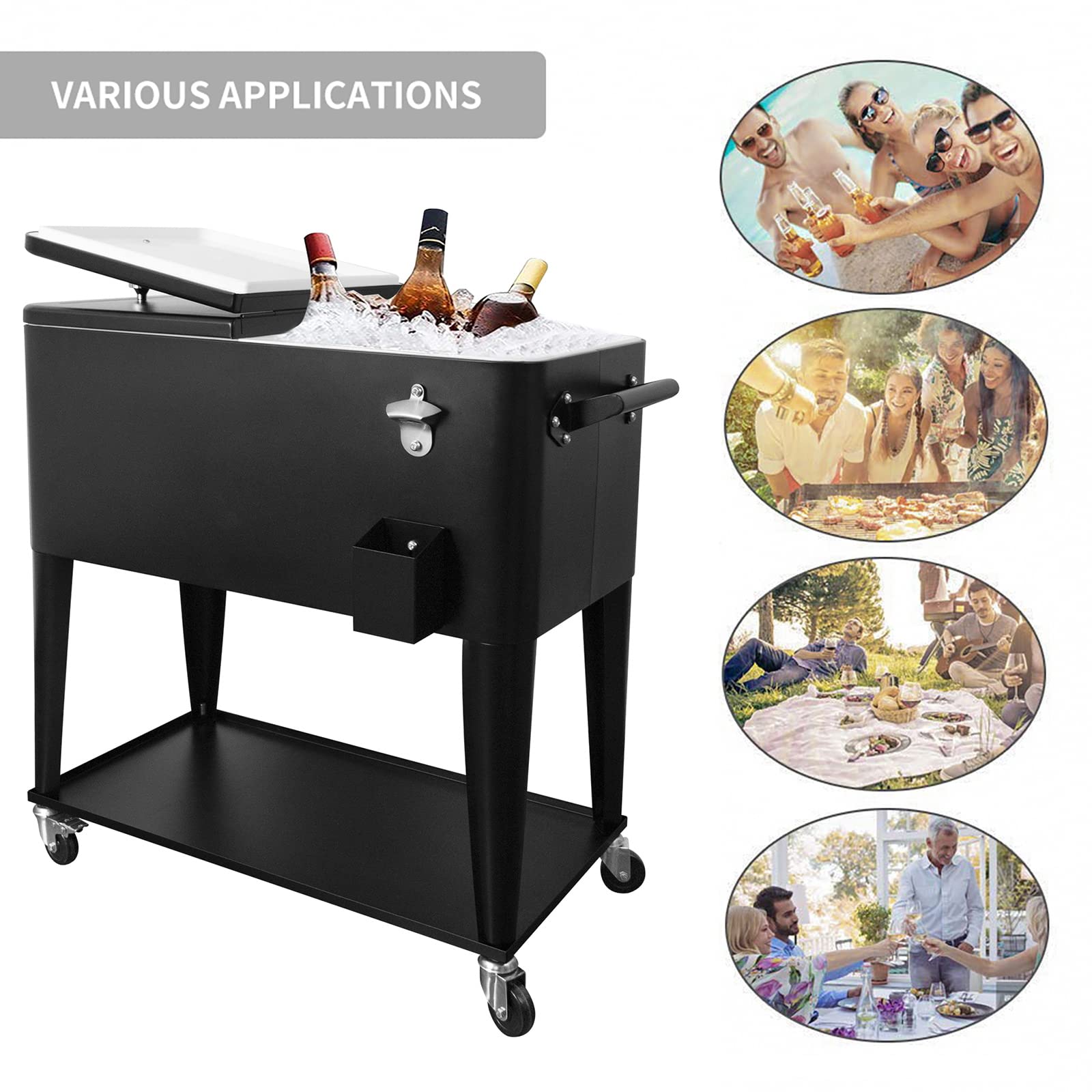 Nattork 80 Quart Rolling Cooler with Wheels - Portable Outdoor Beverage Cooler Cart for Backyard, Deck, Camping & Tailgating - Insulated Ice Chest with Shelf, Water Pipe & Bottle Opener - Perfect for Picnics, BBQs & Outdoor Parties
