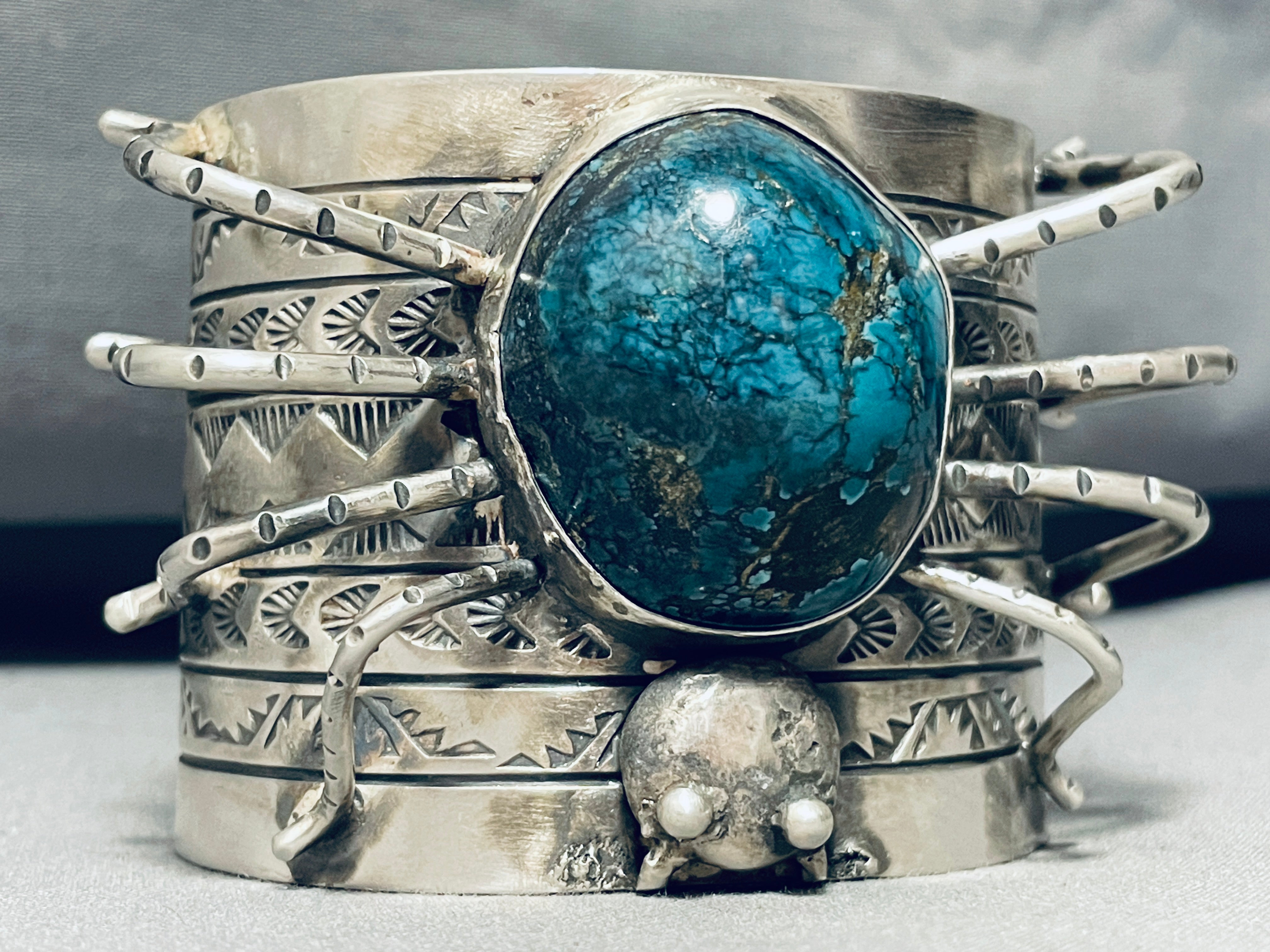 179 Grams Navajo Sterling Silver Spider Bracelet - Authentic Native American Turquoise Jewelry for Women, Boho Chic Fashion Accessory for Casual Wear & Special Occasions