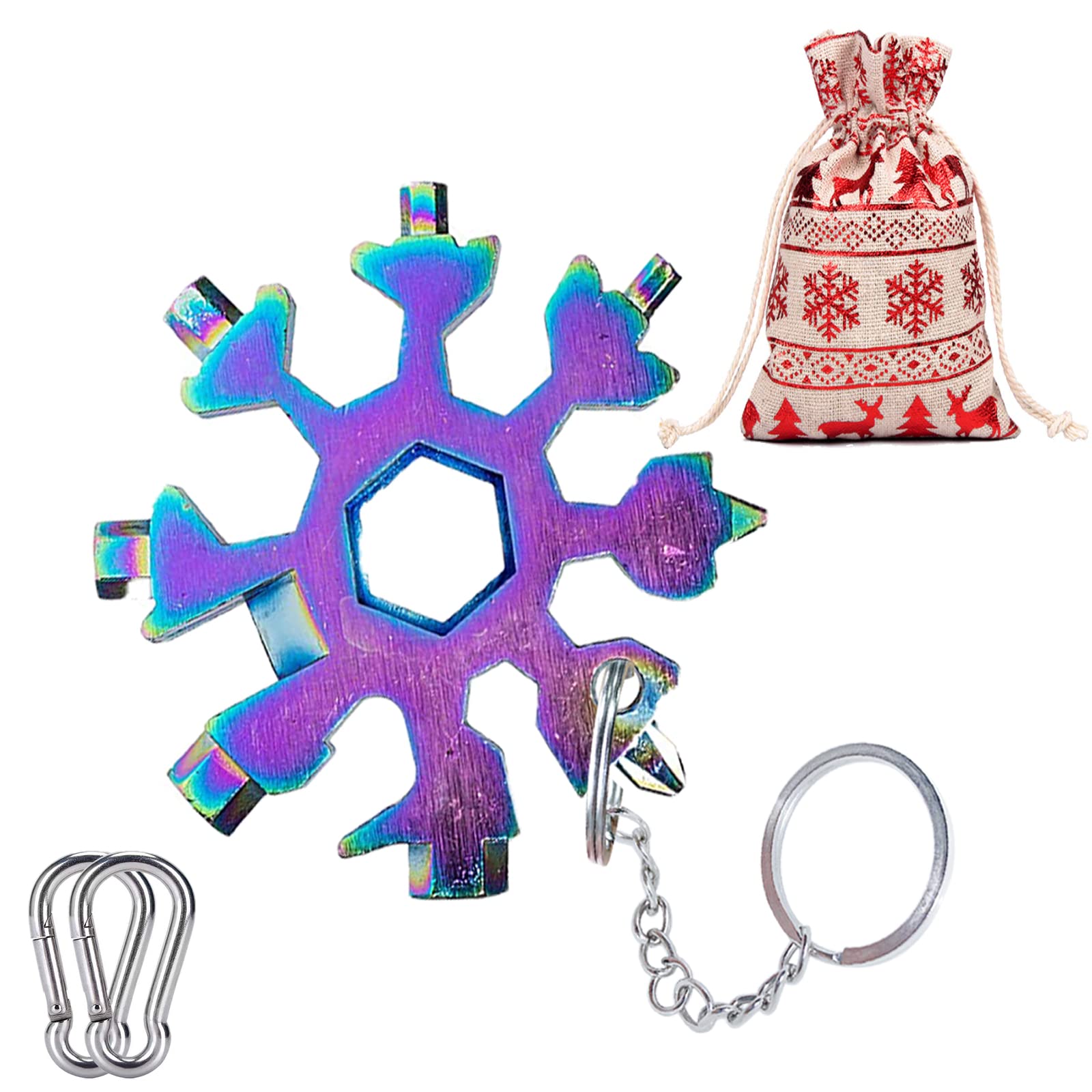 18-in-1 Snowflake Multi-Tool Stainless Steel Wrench - Pocket Screwdriver Kit with Bottle Opener & Carabiner - Perfect for Outdoor Travel, Camping, Hiking & Everyday Carry - Great Gift for Men & Women (Colorful 1-Pack)