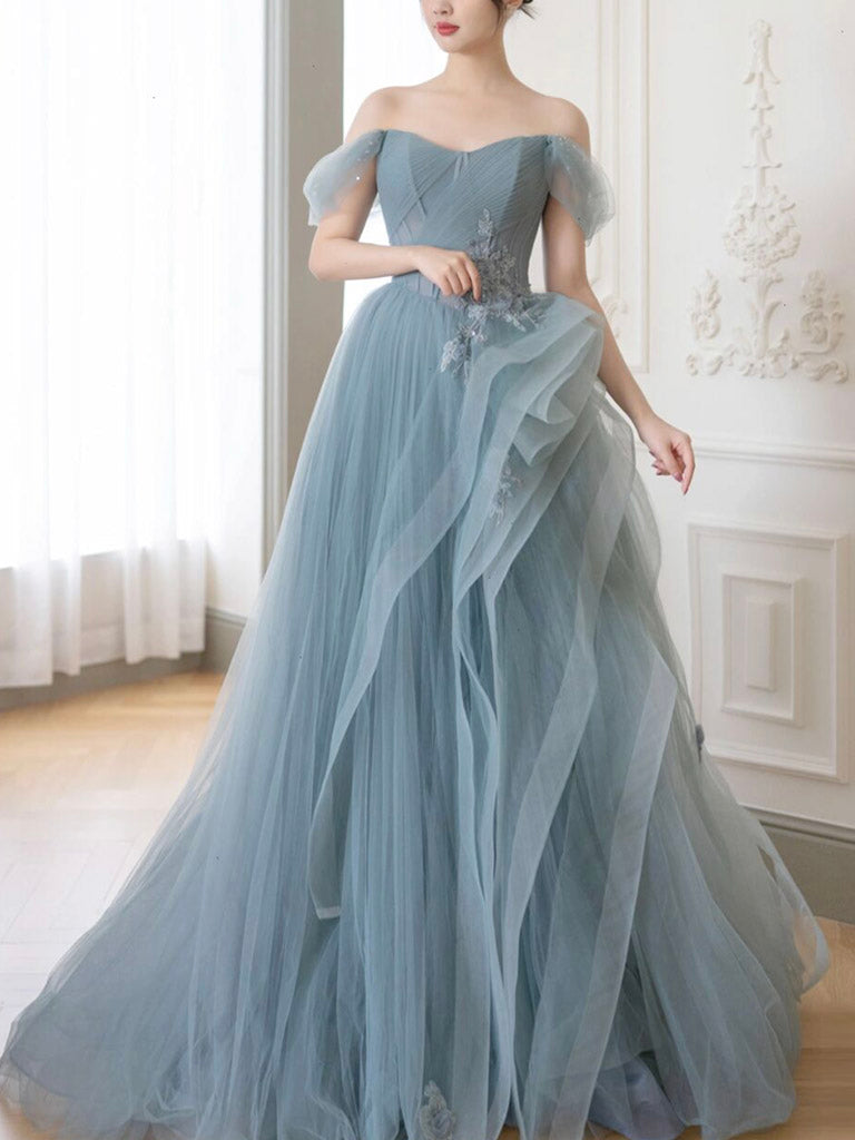 Elegant A-Line Off-Shoulder Tulle Lace Long Prom Dress in Gray-Blue | Formal Evening Gown for Homecoming, Wedding Guest & Special Occasions