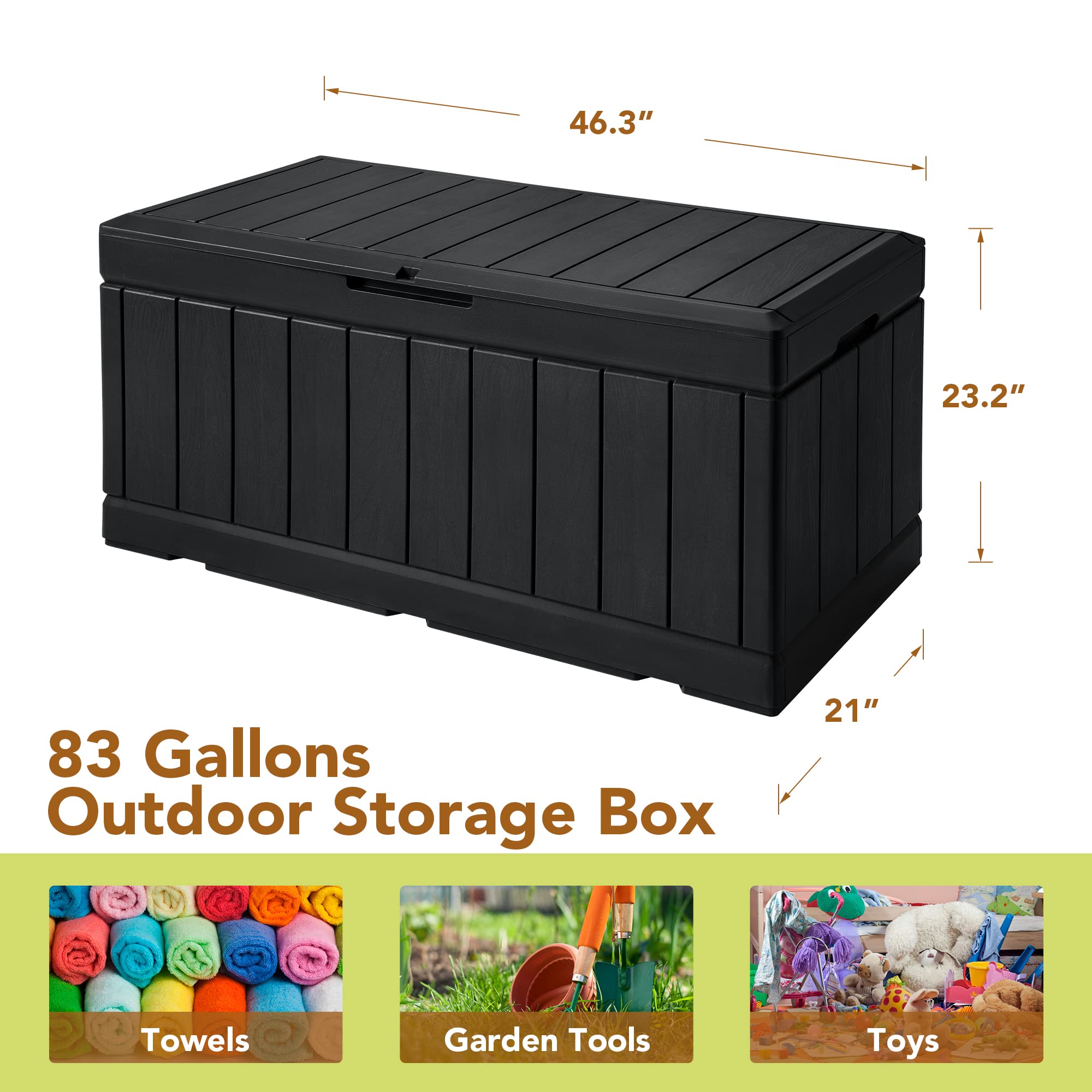 GUNJI 83 Gallon Outdoor Storage Box - Waterproof Large Resin Deck Box with Lockable Lid, Patio Storage Bench for Cushions, Garden Tools & Pool Accessories (Black) - Perfect for Backyard, Poolside & Garden Organization
