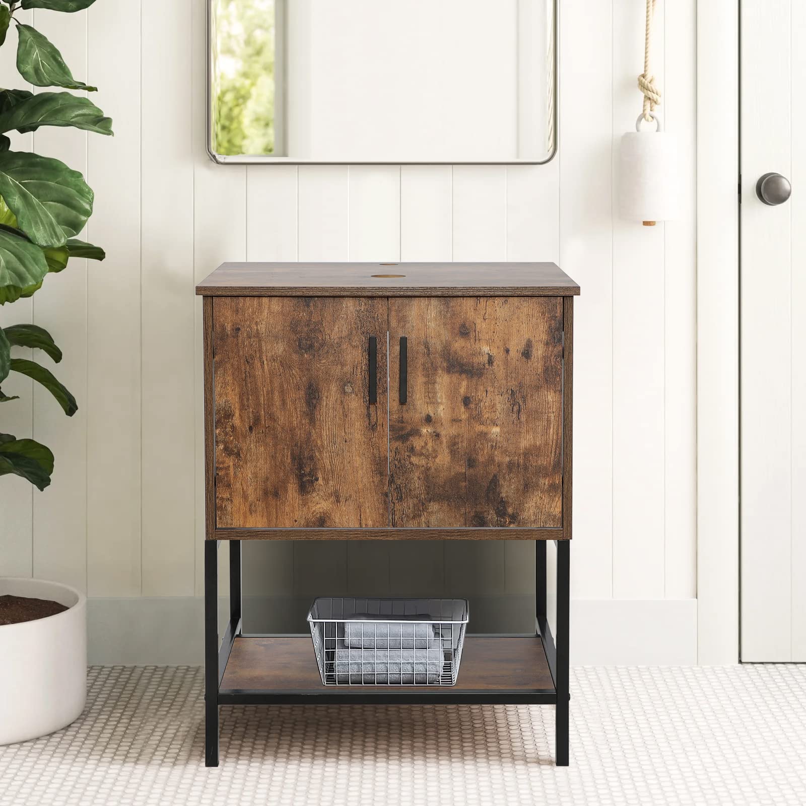 Eclife 24 Inch Modern Bathroom Vanity with Metal Stand & Bottom Shelf - Rustic Brown Freestanding Cabinet (Sink Not Included) | Perfect for Small Bathrooms, Powder Rooms & Apartment Renovations