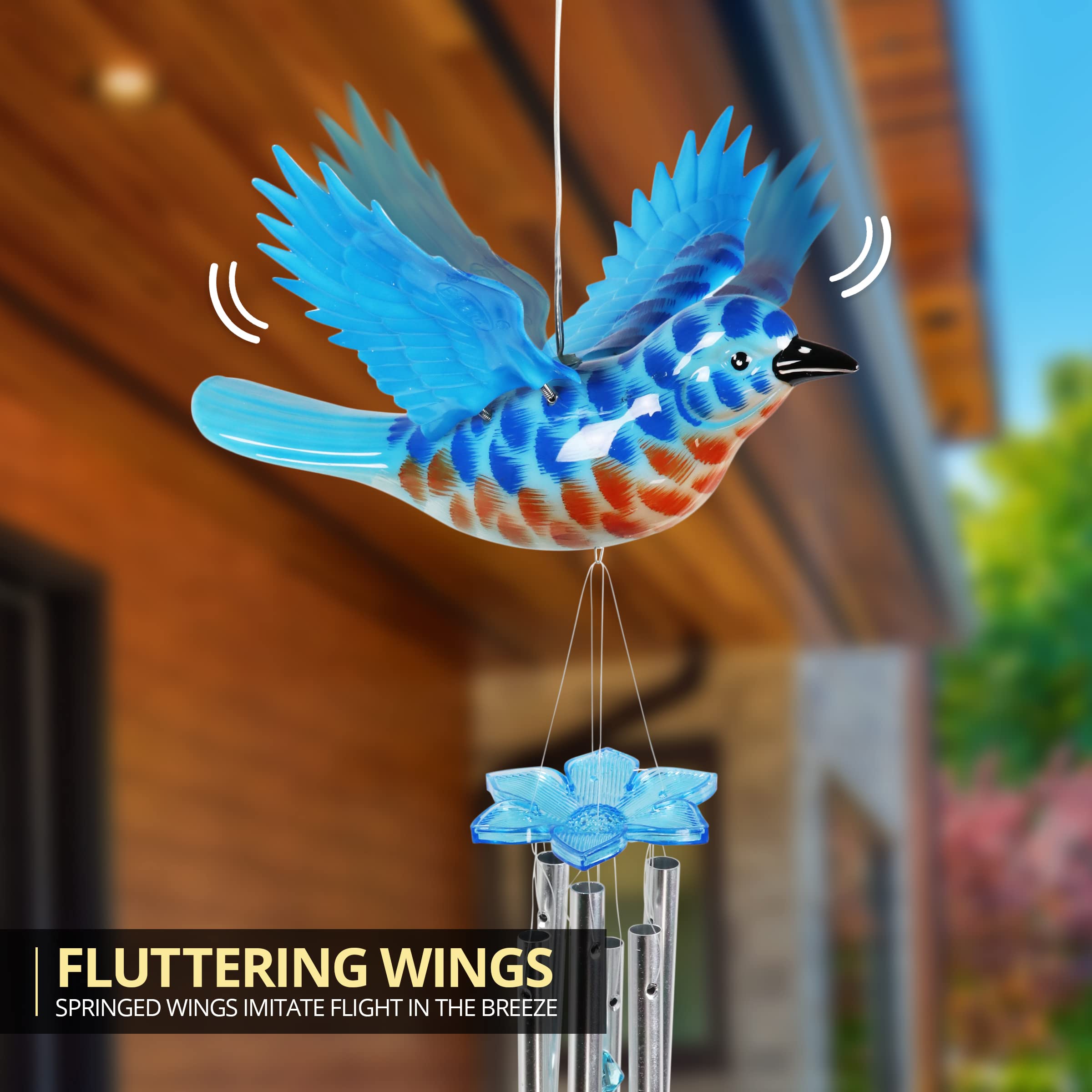Solar-Powered Blue Bird Wind Chime with Fluttering Wings & 2 LED Lights - 12.5