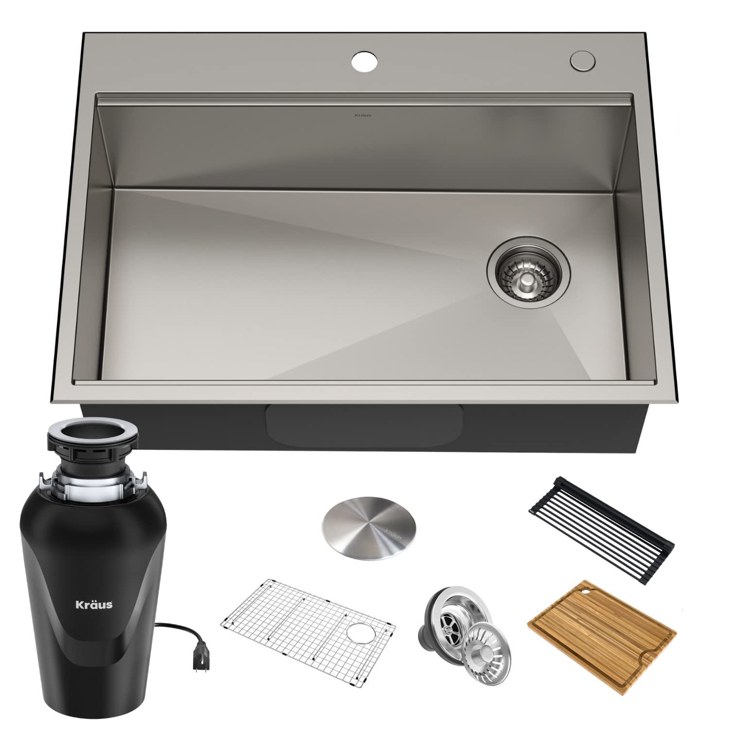 KRAUS Kore 30-inch Drop-In 16 Gauge Stainless Steel Single Bowl Kitchen Sink with WasteGuard Garbage Disposal & Accessories (5-Pack) - Perfect for Modern Kitchens, Restaurants & Food Prep Areas