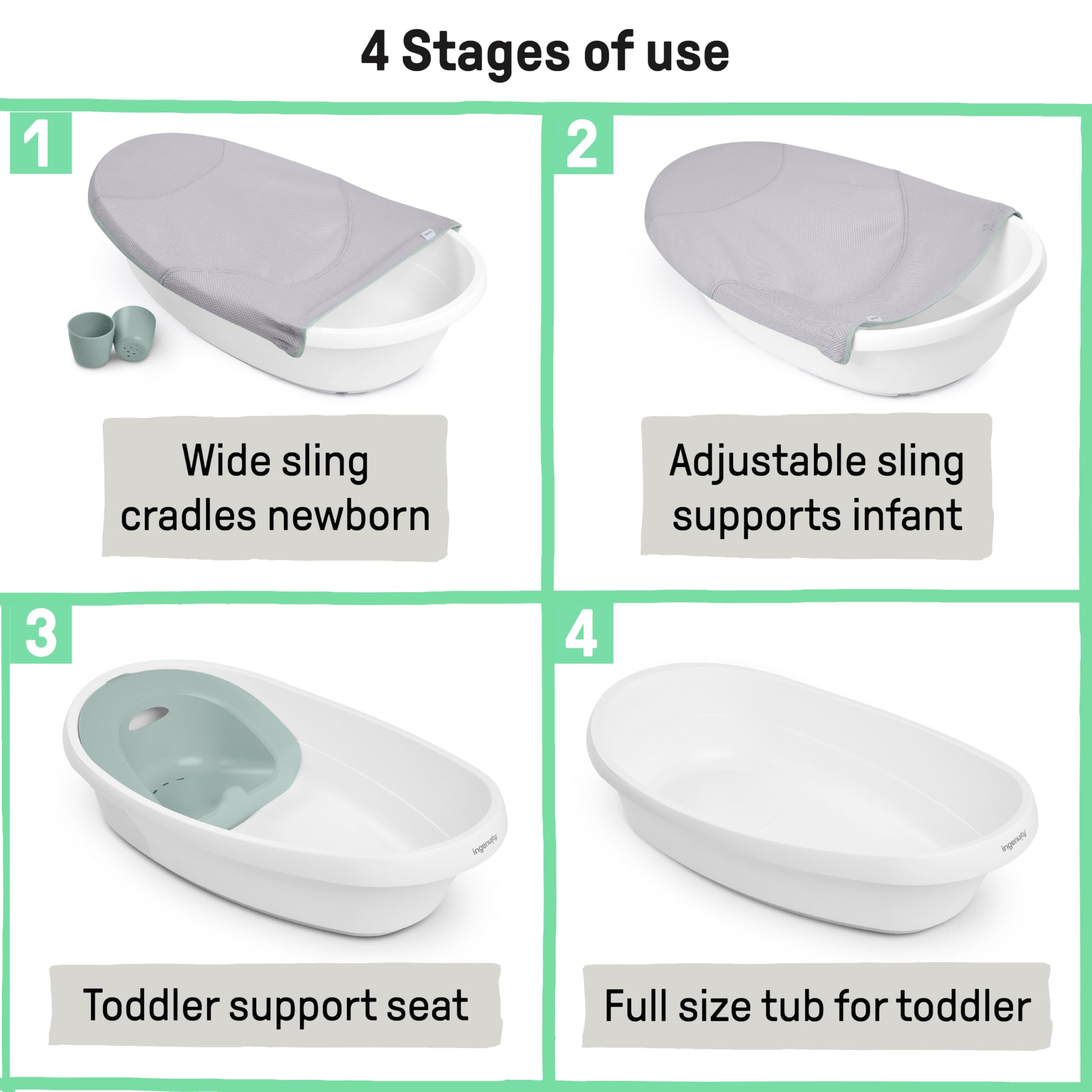 Ingenuity Room to Soak 4-in-1 Baby Bath Tub for Newborn to Toddler | Adjustable Sling & Supportive Seat | Includes 2 Pour & Rinse Cups | Easy Drain Plug | 0M+ | Perfect for Bath Time Safety & Comfort in Nursery or Travel