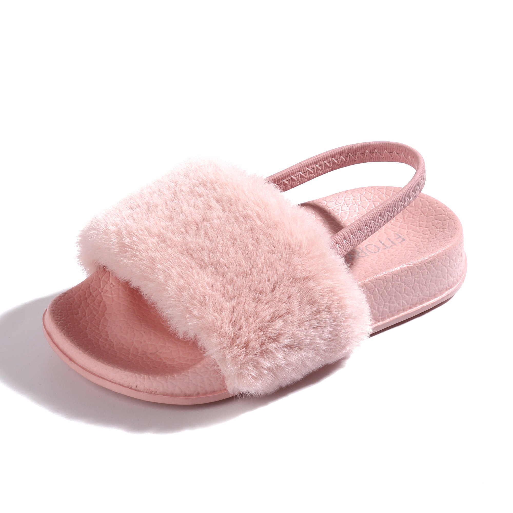 FITORY Toddler Girls Sandals - Soft Faux Fur Slides with Adjustable Elastic Back Strap, Comfortable Flat Shoes for Baby & Kids | Perfect for Indoor Play, Beach Outings and Summer Vacation