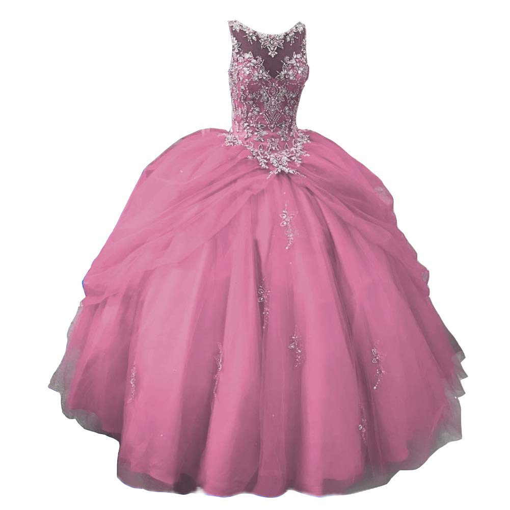 Elegant Crystal Beaded Quinceañera Dresses for Women - Sheer Neck Tulle Ruffles Ball Gown for Sweet 16 & Special Occasions - Perfect for Quinceañeras, Proms, Weddings & Formal Events