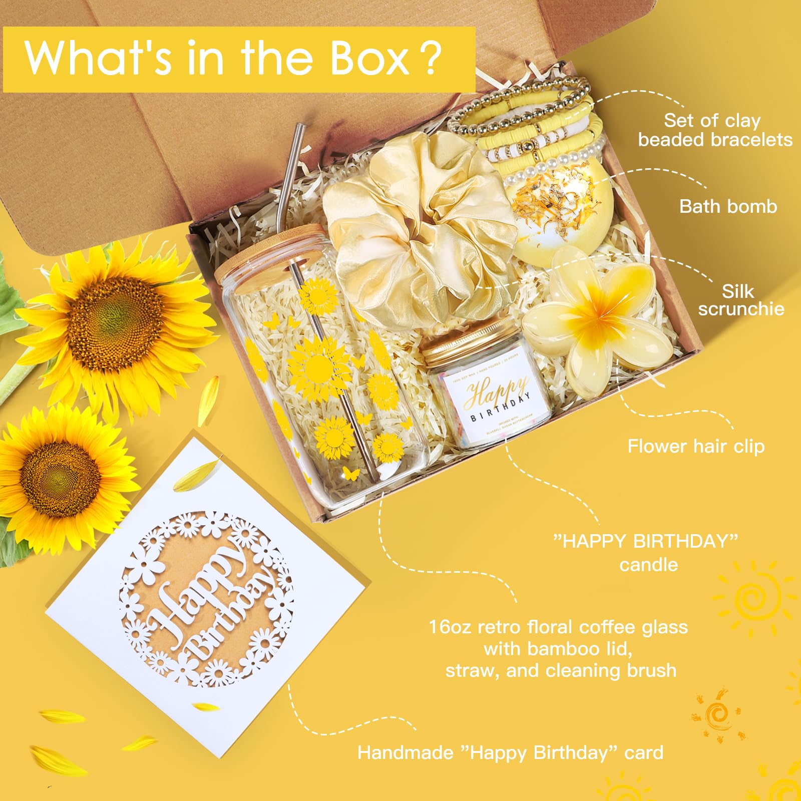 Sunflower Sunshine Glass Cup Gift Set for Women - 16oz Yellow Happy Birthday Present for Her, Sister, Daughter, Friend - 7PCS Friendship Gifts for Teen Girls & Women - Perfect for Birthday Celebrations, Housewarming, Thank You Gifts & Daily Use