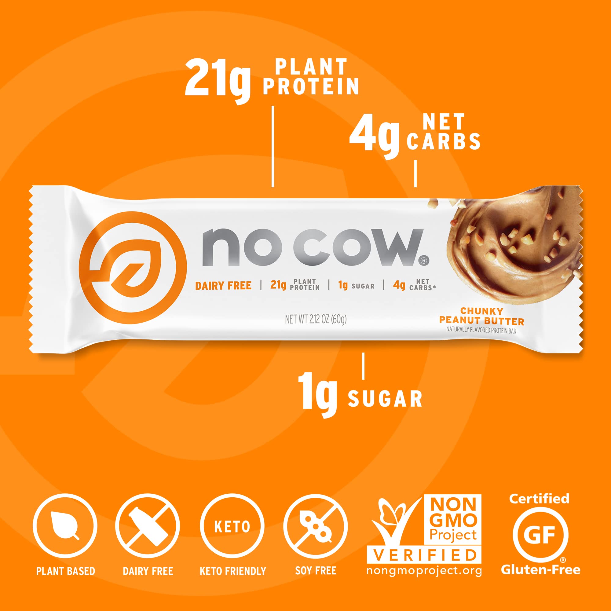 No Cow High Protein Bars, Chunky Peanut Butter - 20g Vegan Protein, Low Sugar, Keto, Dairy & Gluten Free, High Fiber Healthy Snacks (12 Count) | Perfect for Workout Recovery, On-the-Go Nutrition & Weight Management