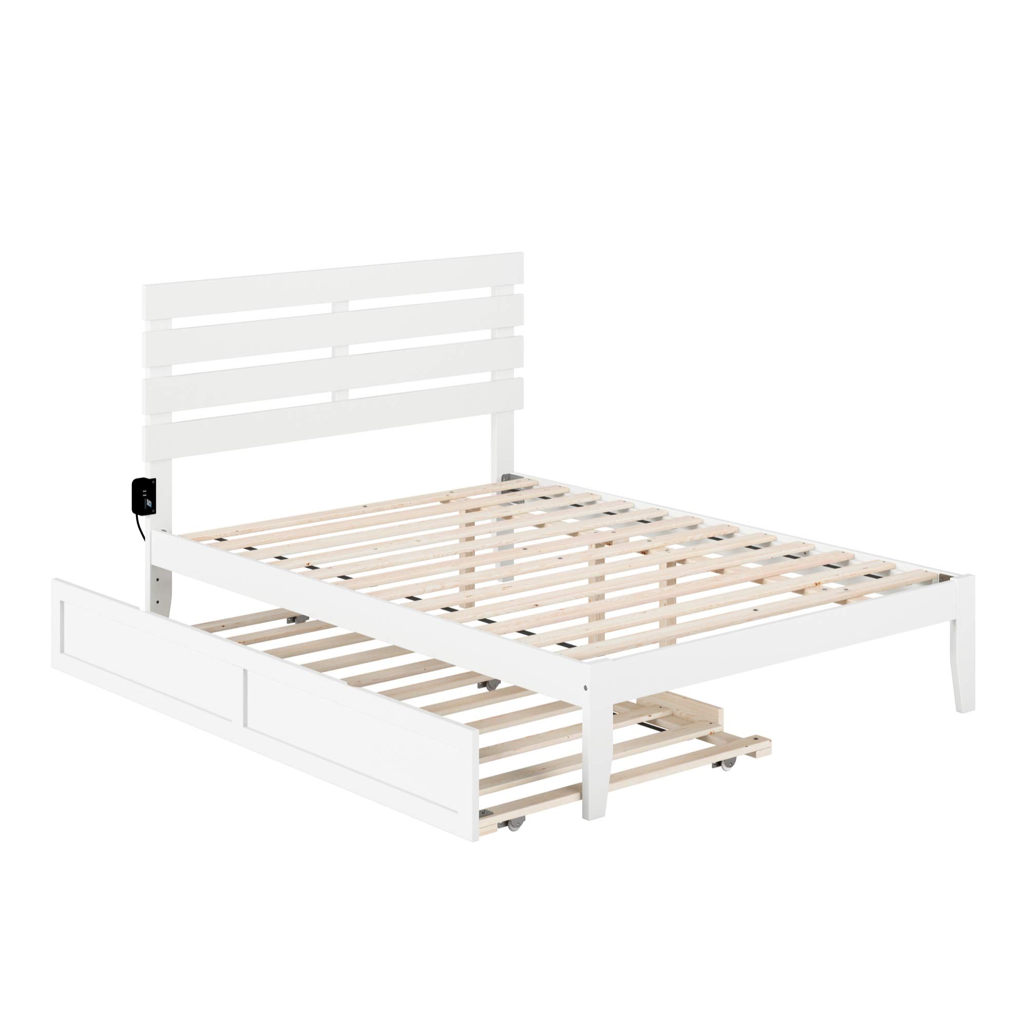 AFI Oxford Full Size Platform Bed with Twin Trundle & USB Charging Station - White Modern Bed Frame for Small Spaces, Guest Rooms & Kids' Bedrooms