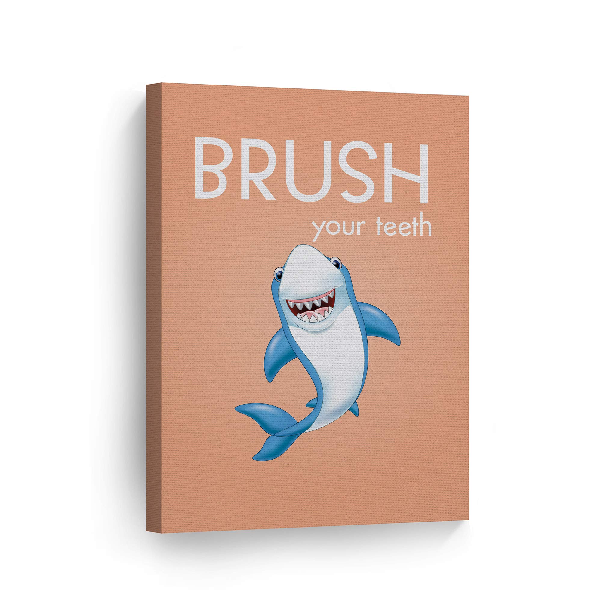 Smile Art Design Brush Your Teeth Quote Canvas Print - Funny Bathroom Wall Decor for Kids & Nursery, Shark Theme Ready-to-Hang Bathroom Sign (40x30 Inches) - Perfect for Children's Bathrooms, Dental Offices & Playrooms | Made in USA