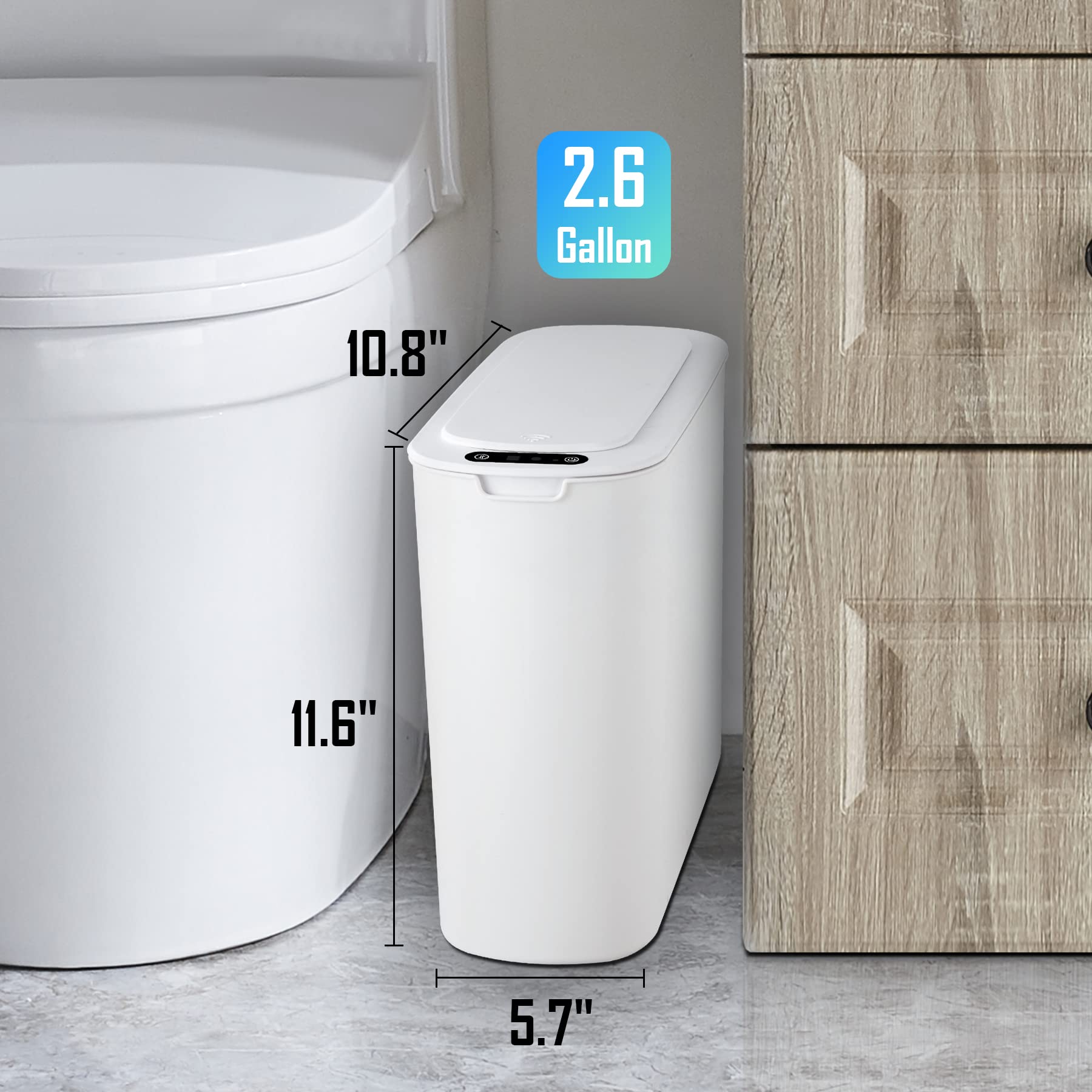 Automatic Motion Sensor Trash Can with Lid - 2.6 Gallon Touchless Garbage Bin, Smart Slim Plastic Waste Basket for Bathroom, Kitchen, Office, RV, Bedroom & Living Room - Hands-Free Convenience for Hygiene & Small Spaces