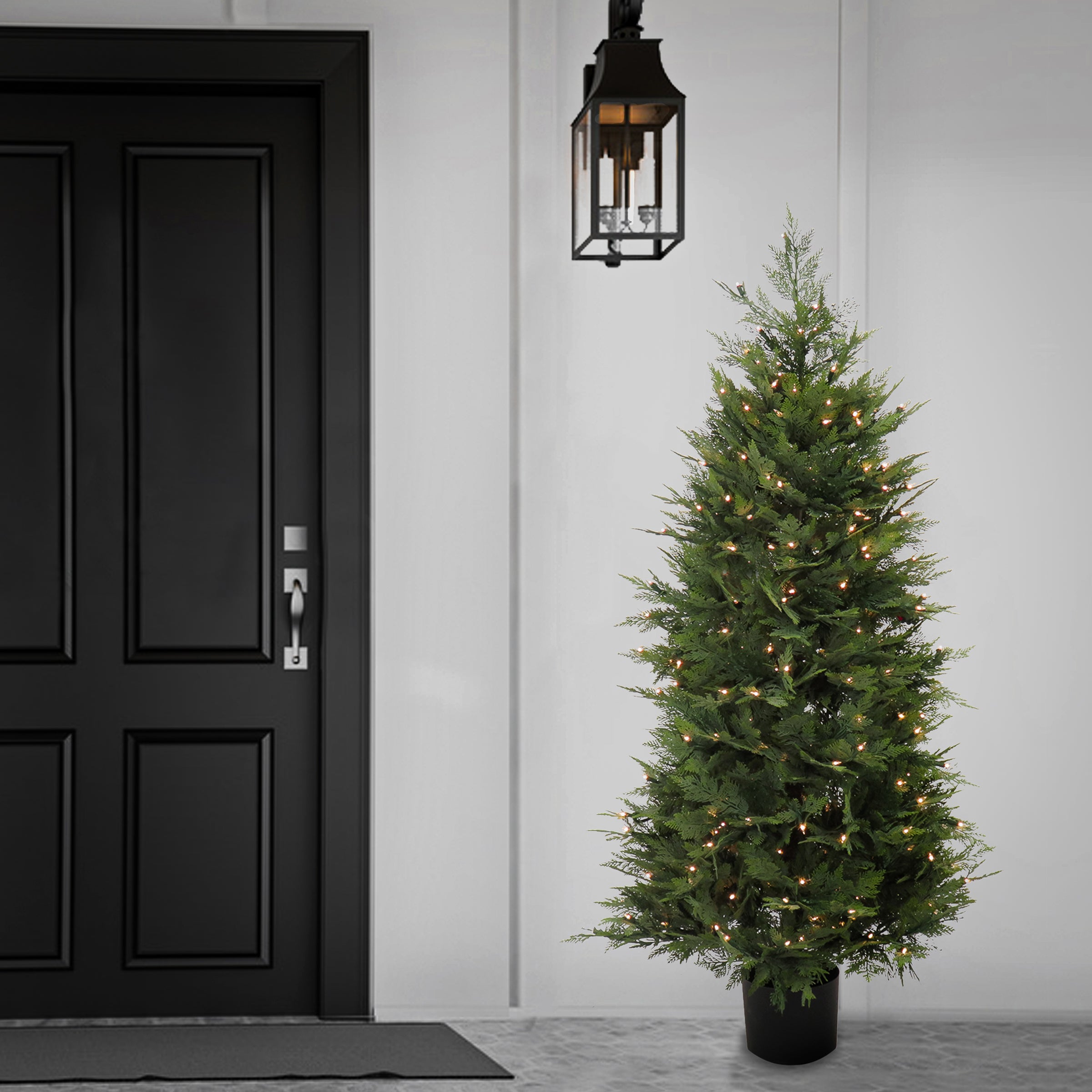 5 ft. Pre-Lit Artificial Cypress Topiary Tree in Black Plastic Nursery Pot with Clear LED Lights - Perfect for Indoor Home Decor, Office, and Holiday Festivities