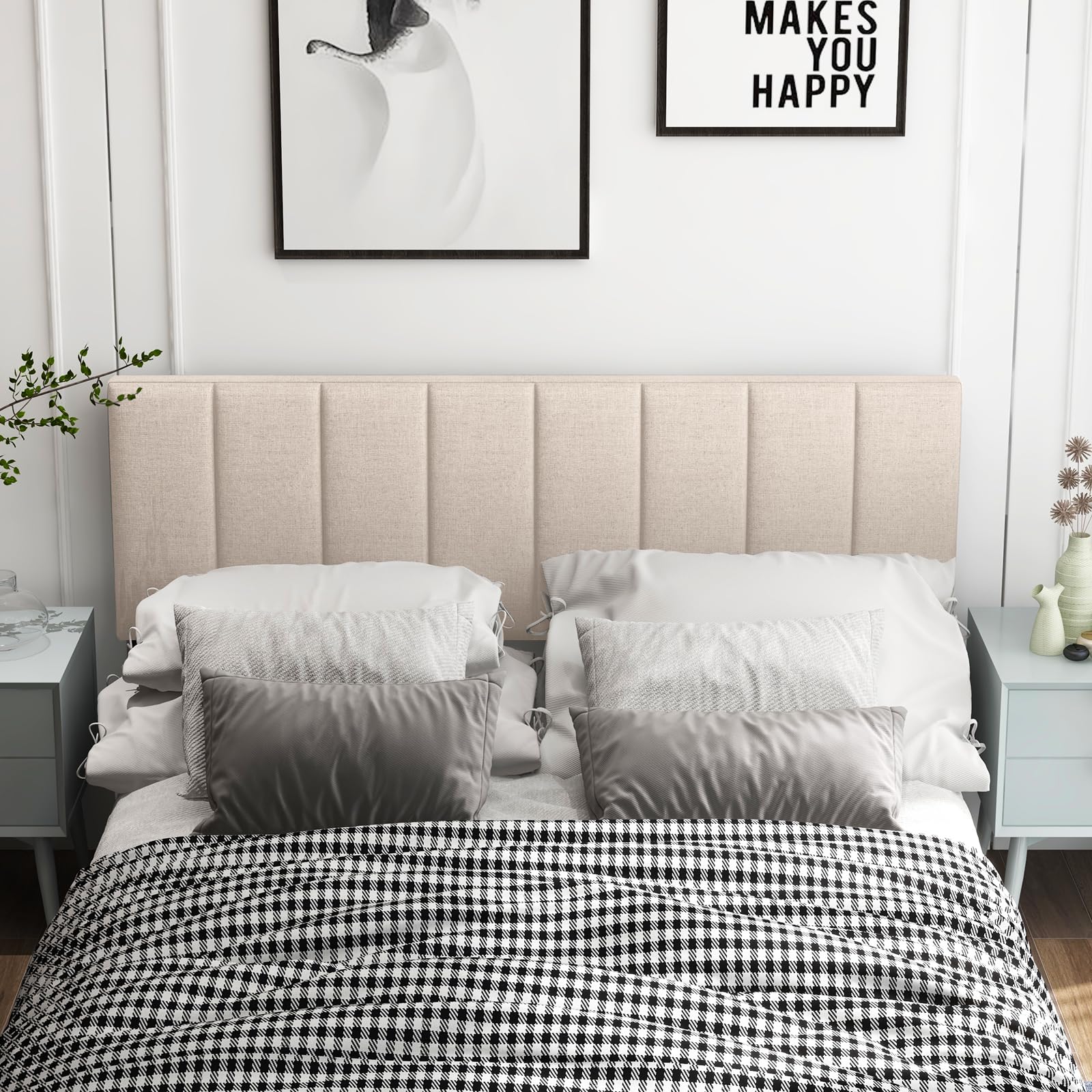 KOMFOTT Beige Linen Upholstered Headboard - Full & Queen Size Bed with Vertical Channel Tufting | Solid Wood Legs & Adjustable Width | Easy Assembly Padded Backboard | Perfect for Bedroom Makeover & Cozy Reading Nook