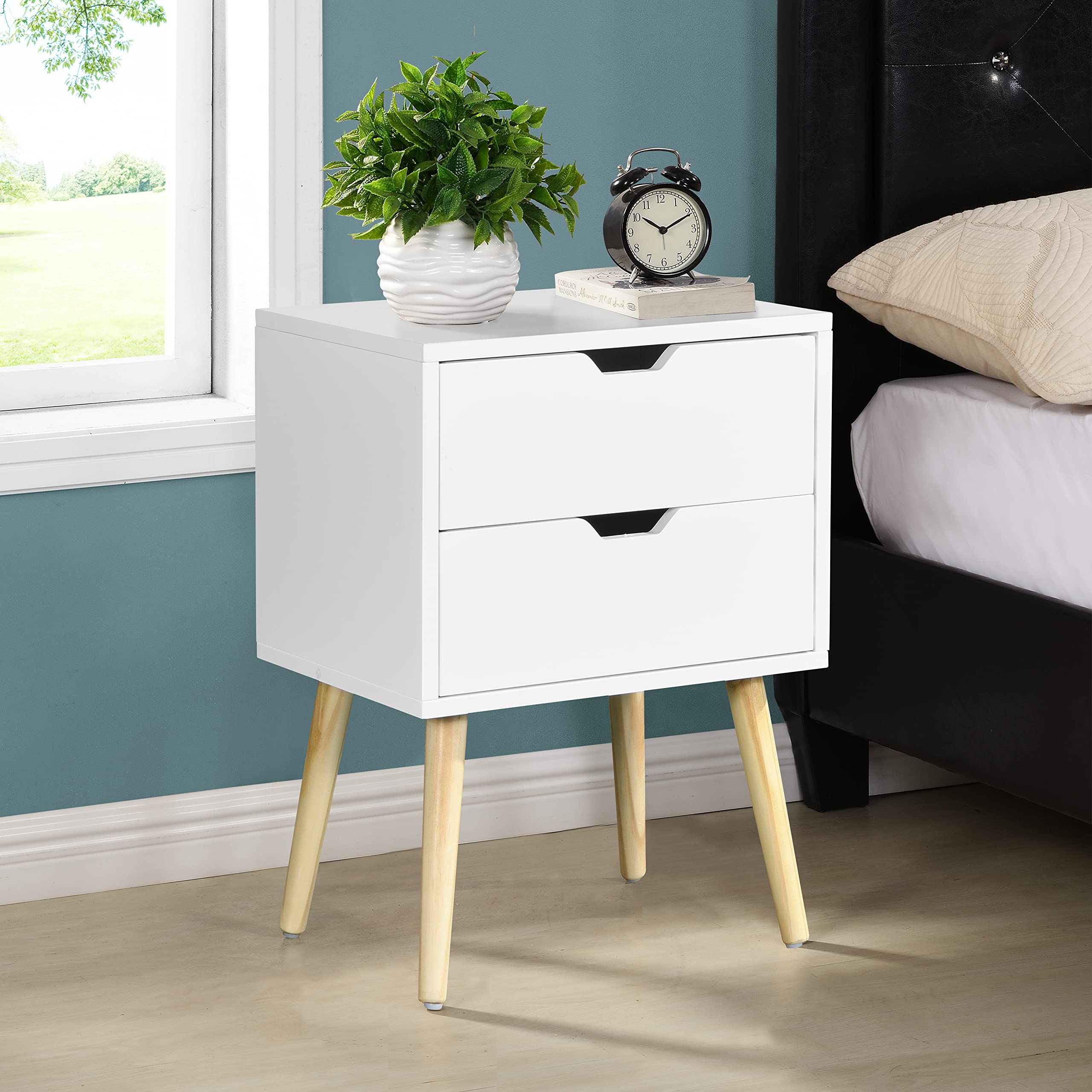 2PCS Mid-Century Modern Side Table with 2 Drawers & Rubber Wood Legs, White Storage Cabinet for Bedroom, Living Room - Perfect for Small Spaces, Nightstand or Coffee Table Alternative