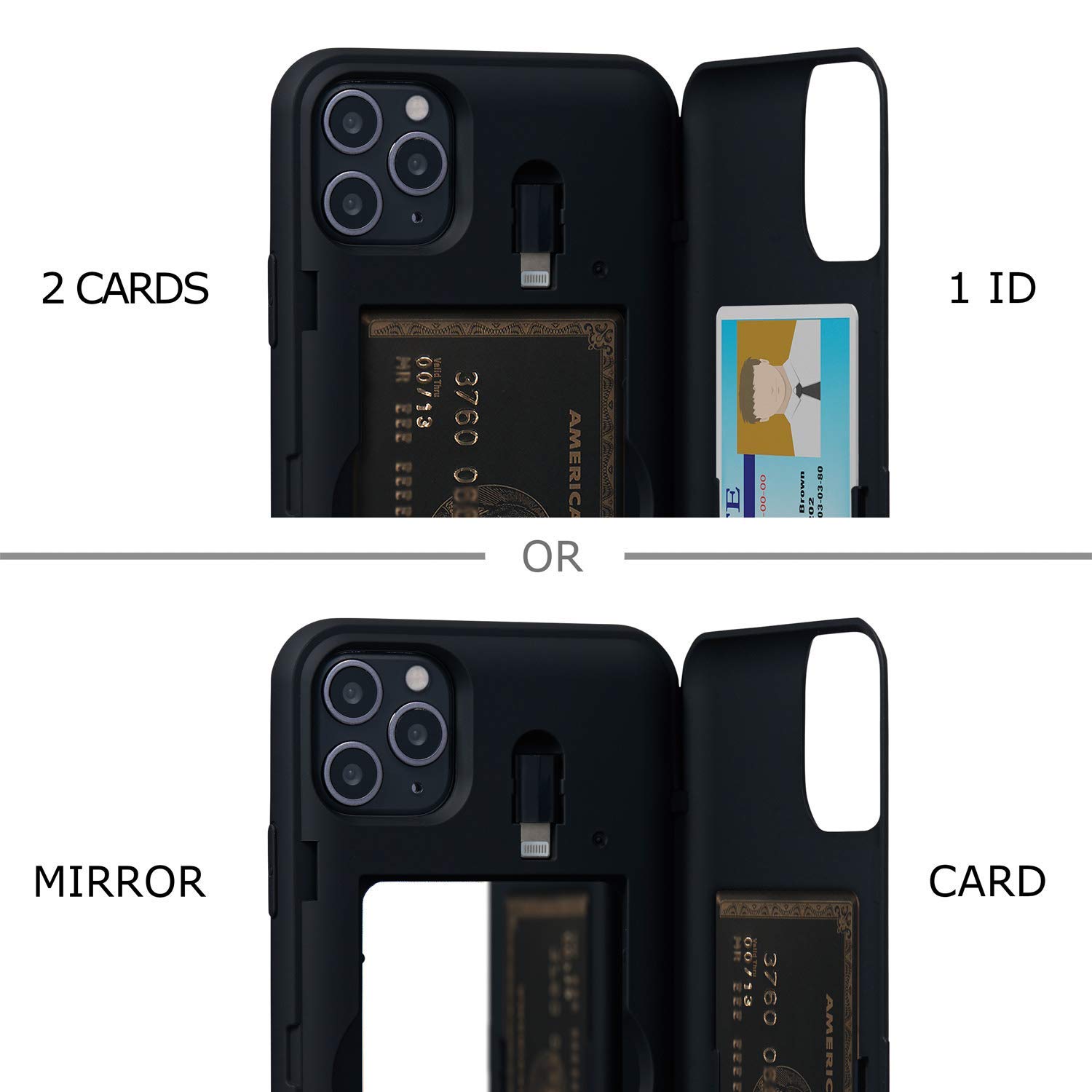 TORU CX PRO iPhone 11 Pro Max Wallet Case - Shockproof Protective Cover with Hidden Card Holder & Wrist Strap | Includes Mirror & Lightning Adapter | Perfect for Travel, Work & Everyday Use - Black