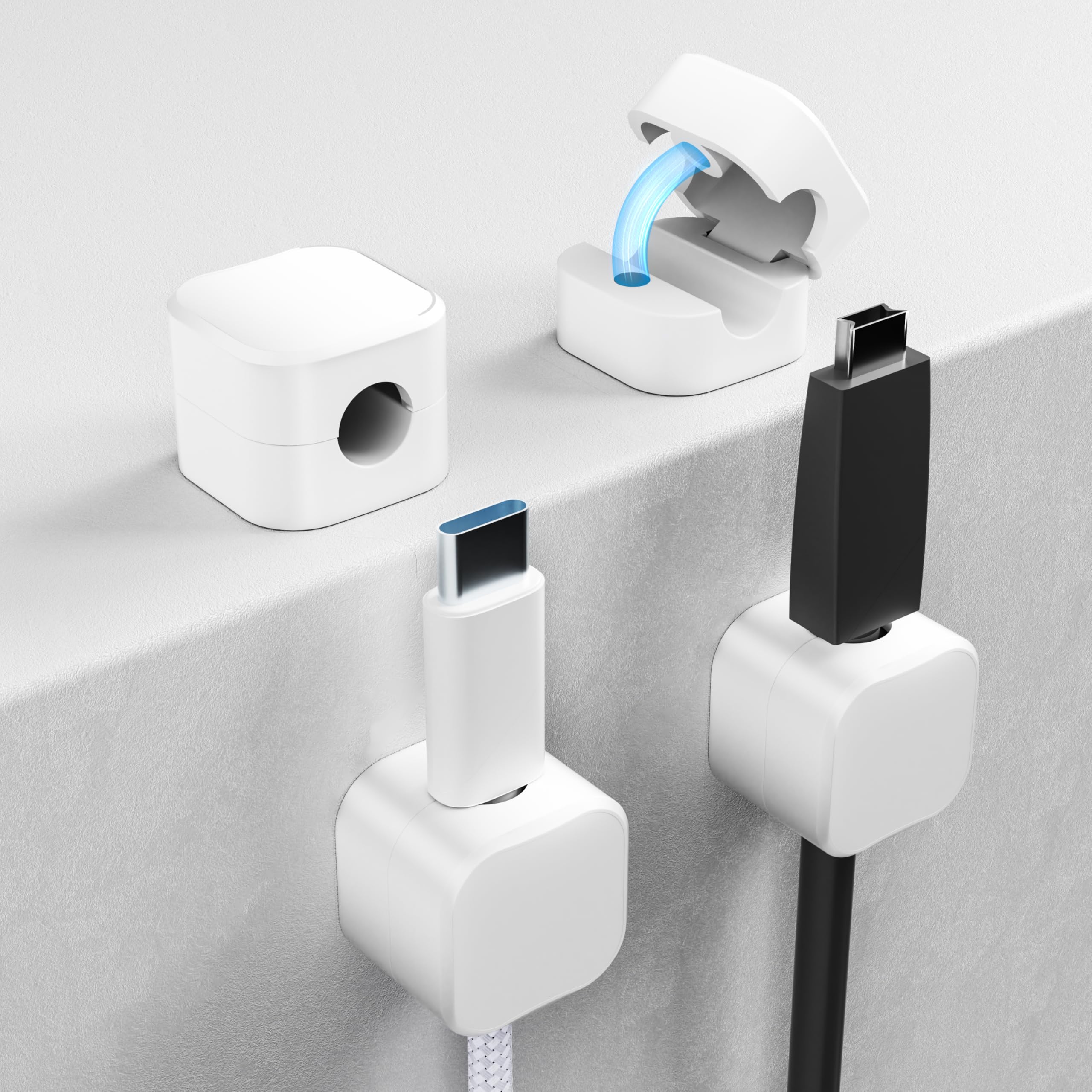 Magnetic Cable Clips 4 Pack - White Cord Organizer for Desk, Wall & Car | USB Charger Holder for Phone, Office, Nightstand & Desktop | Perfect for Home, Office & Travel Cable Management