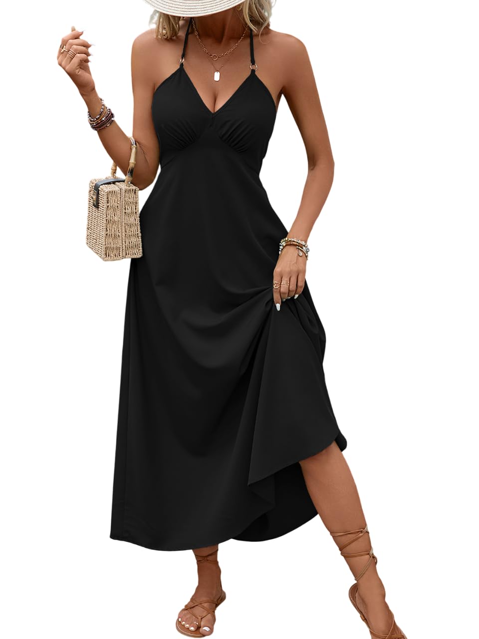 SOLY HUX Women's Halter V Neck Tie Backless Cami Dress - Sleeveless Summer Long Dress for Beach, Party & Casual Wear