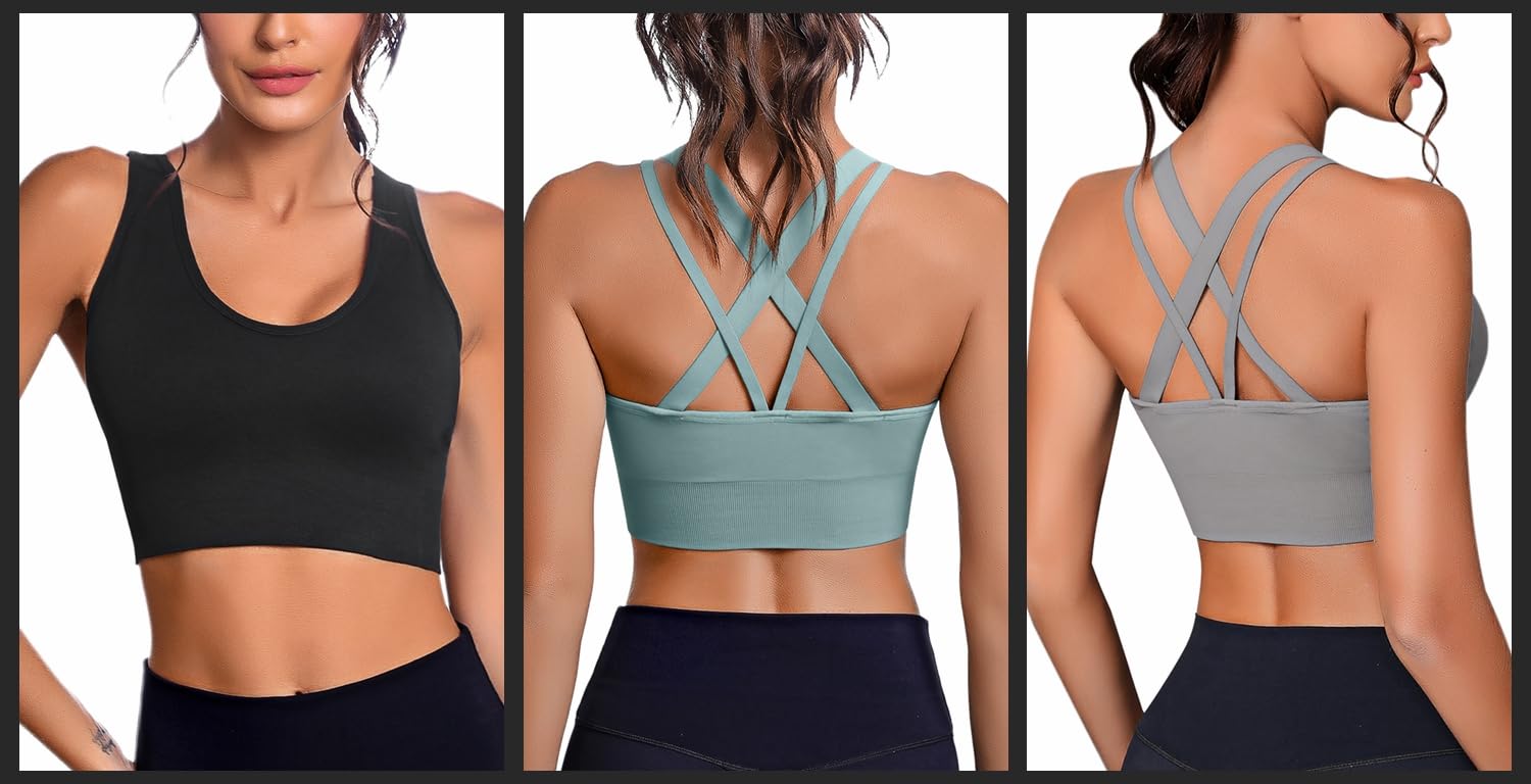 Sykooria Women's 3 Pack High Support Sports Bras - Strappy Cross Back Padded Workout Running Yoga Gym Bra for Active Lifestyles | Perfect for Running, Yoga, Gym & High-Intensity Training