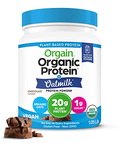 Orgain Vegan Protein Powder with Oatmilk - Chocolate Flavor, 20g Plant-Based Protein, 1g Sugar, Organic Oats, Dairy-Free, Soy-Free, Non-GMO, 1lb - Perfect for Smoothies, Post-Workout Recovery & Healthy Breakfasts