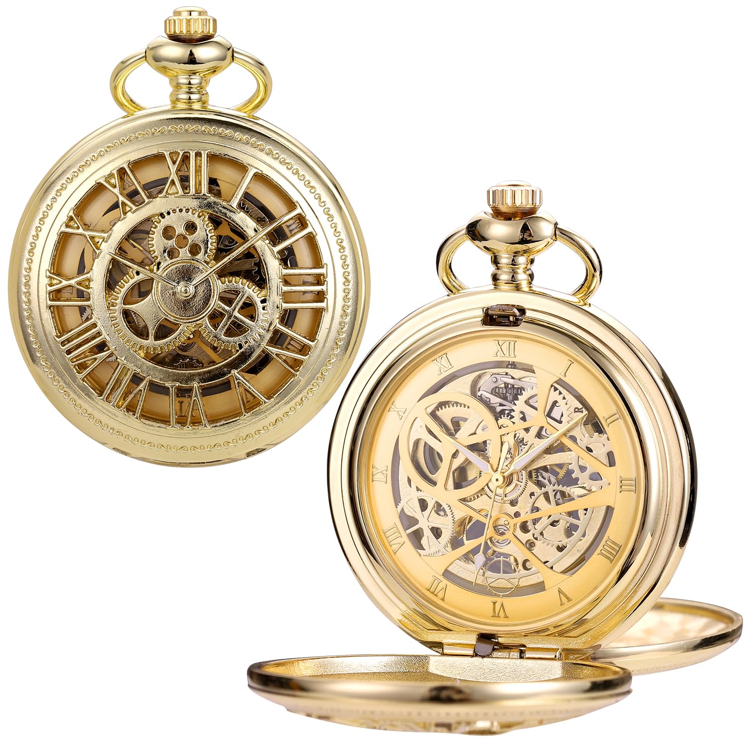 ManChDa Vintage Skeleton Mechanical Pocket Watch for Men - Double Cover Roman Numeral Design with Gift Box & Chain - Perfect for Steampunk Costumes, Wedding Gifts & Collector's Display