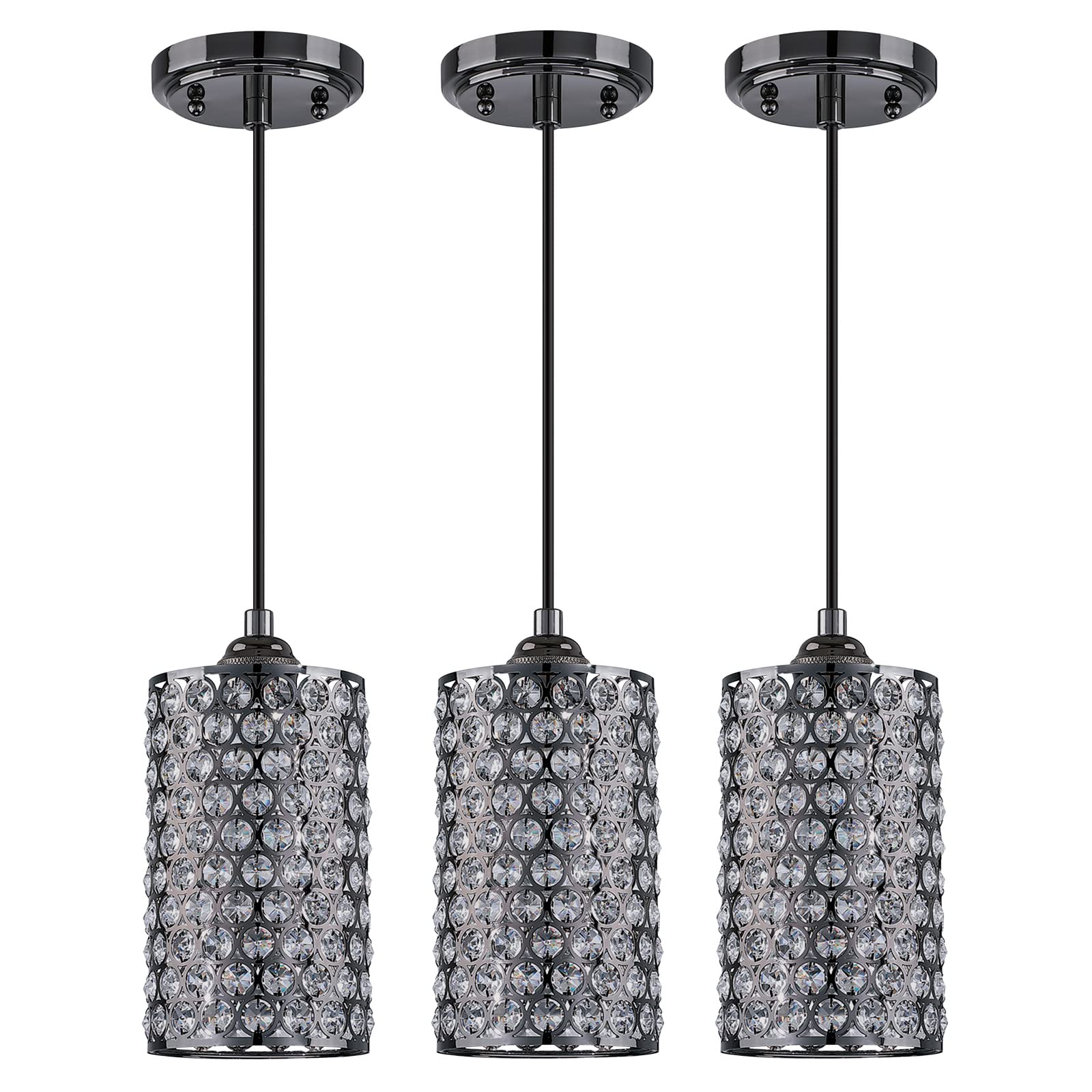 3 Pack Modern Crystal Pendant Lights with Antique Nickel Finish - Polyhedral Opal Glass Shades for Dining Room, Living Room, Hallway - Perfect for Home Decor, Restaurant Lighting (LED Bulb Not Included)