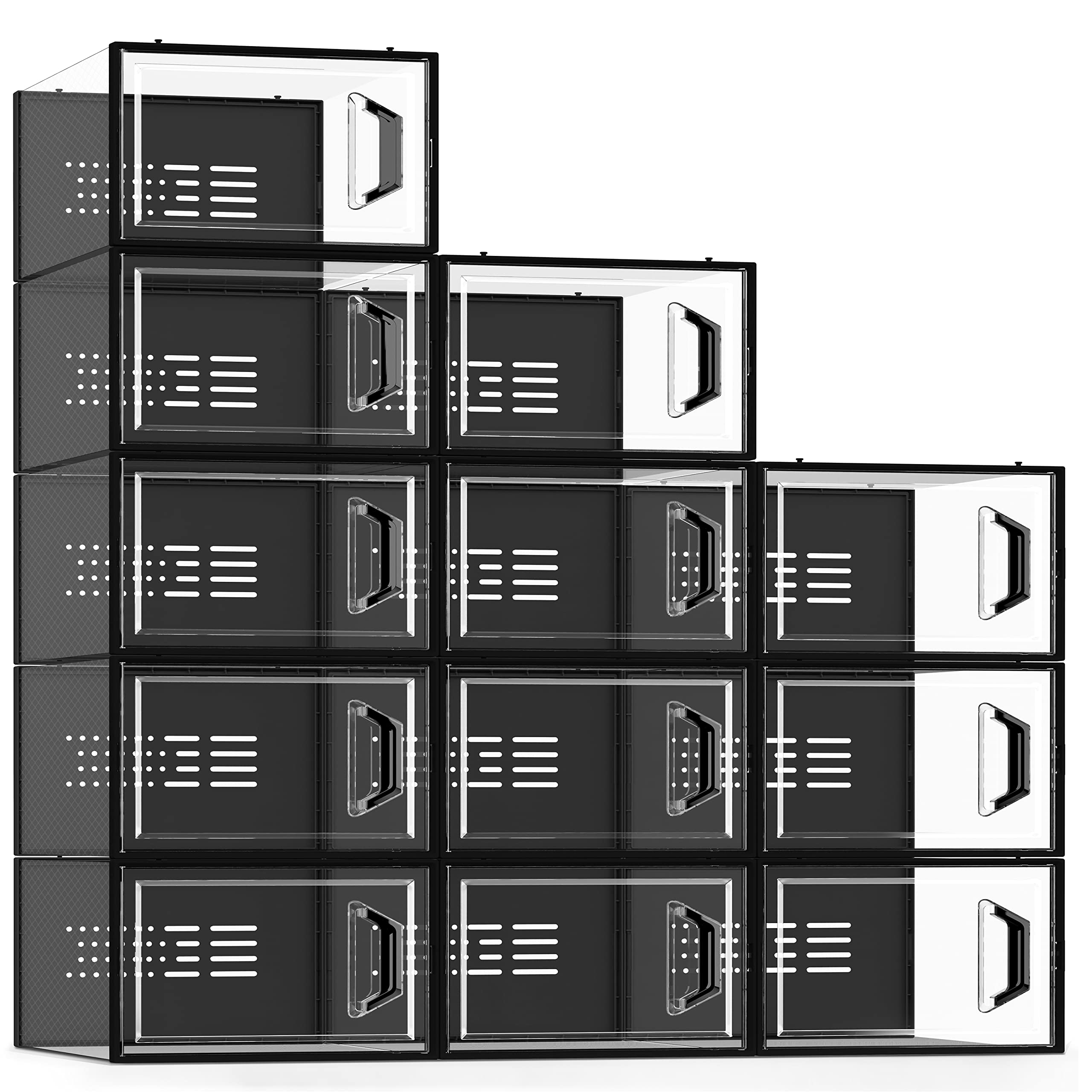 SEE SPRING Large 12 Pack Clear Plastic Shoe Storage Boxes - Stackable & Foldable Shoe Organizer for Closet, Sneaker Rack Containers Bin Holder (Black) - Perfect for Bedroom, Walk-in Closet & Dorm Organization