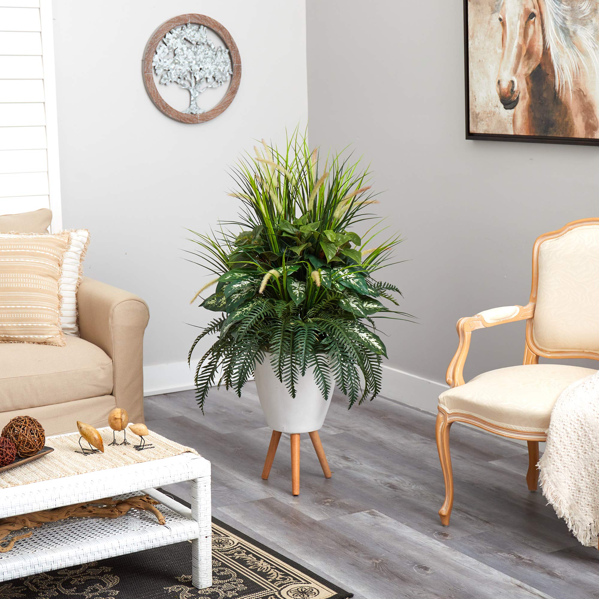 Nearly Natural 4.5ft Mixed Greens Artificial Faux Plant in White Planter with Legs - Perfect for Home Office Decor, Living Room, and Indoor Spaces
