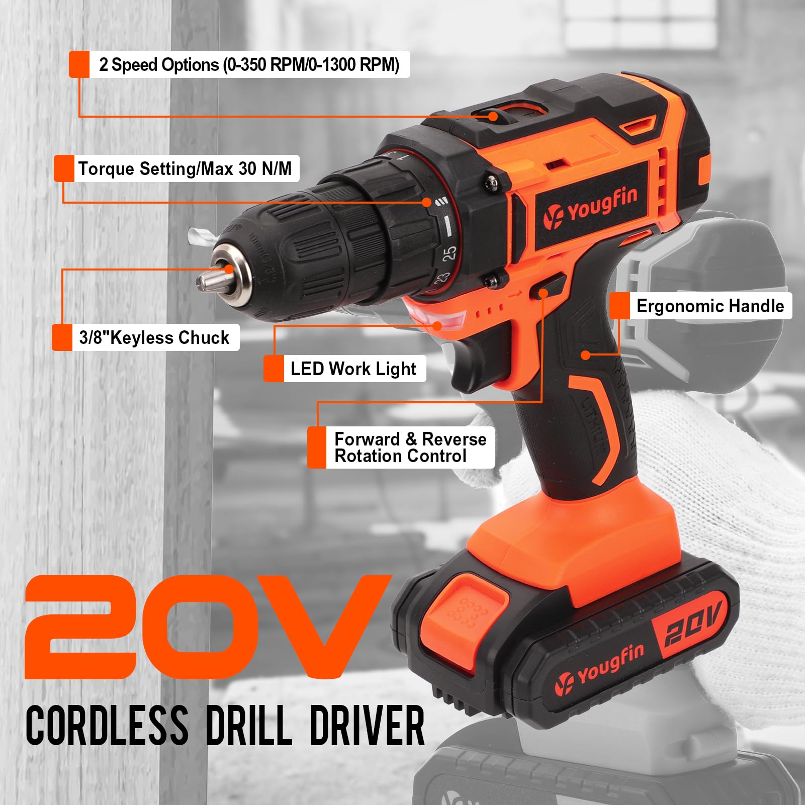 Yougfin 20V Cordless Drill Set Combo Kit - 114 Piece Power Tool Kit with 2 Batteries & Charger, Household Hand Tools for Men - Perfect for Home Office Repairs, DIY Projects & Improvement Tasks
