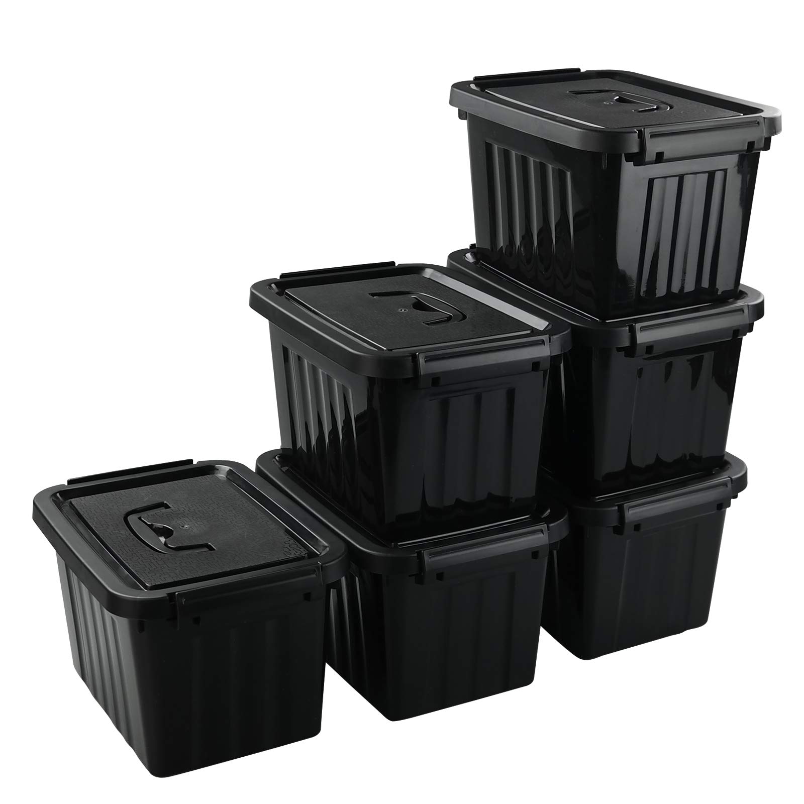 Black Plastic Storage Bins with Lids and Latches - 6 Pack Small Stackable Organizing Containers for Home, Office, Garage & Closet Organization
