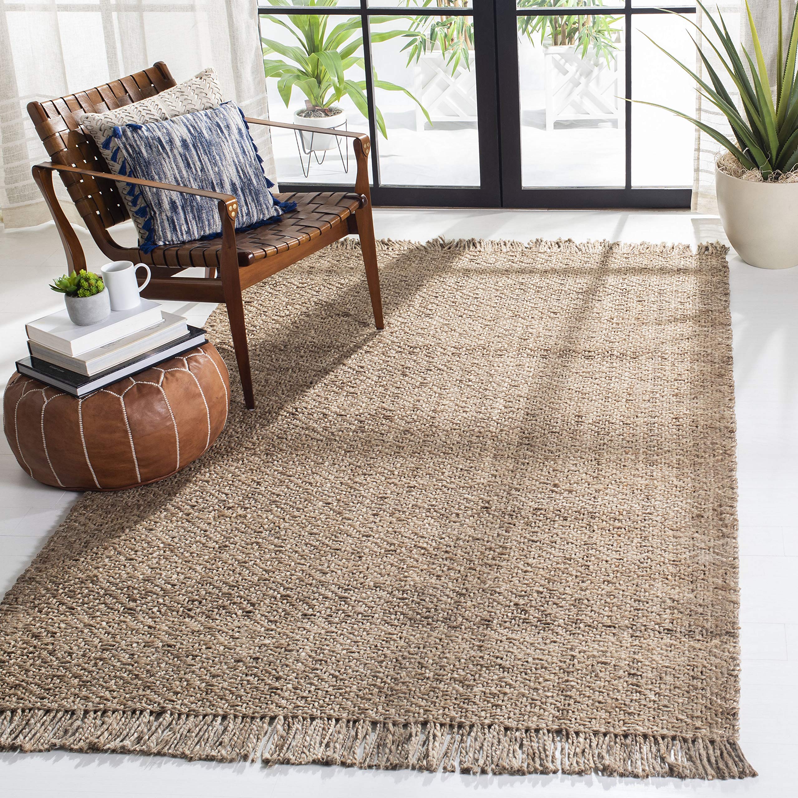 SAFAVIEH Handmade Woven Jute Area Rug 6'x6' Square Natural Fiber - Soft Grey with Fringe Trim for Living Room, Bedroom & Boho Home Decor