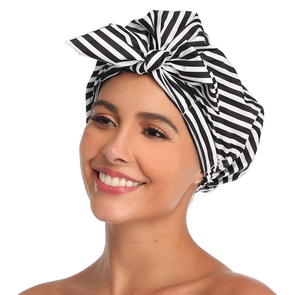 Waterproof Shower Caps for Women - VVolf Black & White Striped Bath Hair Cap for Shower, Swimming & Spa | Reusable & Adjustable for All Hair Types