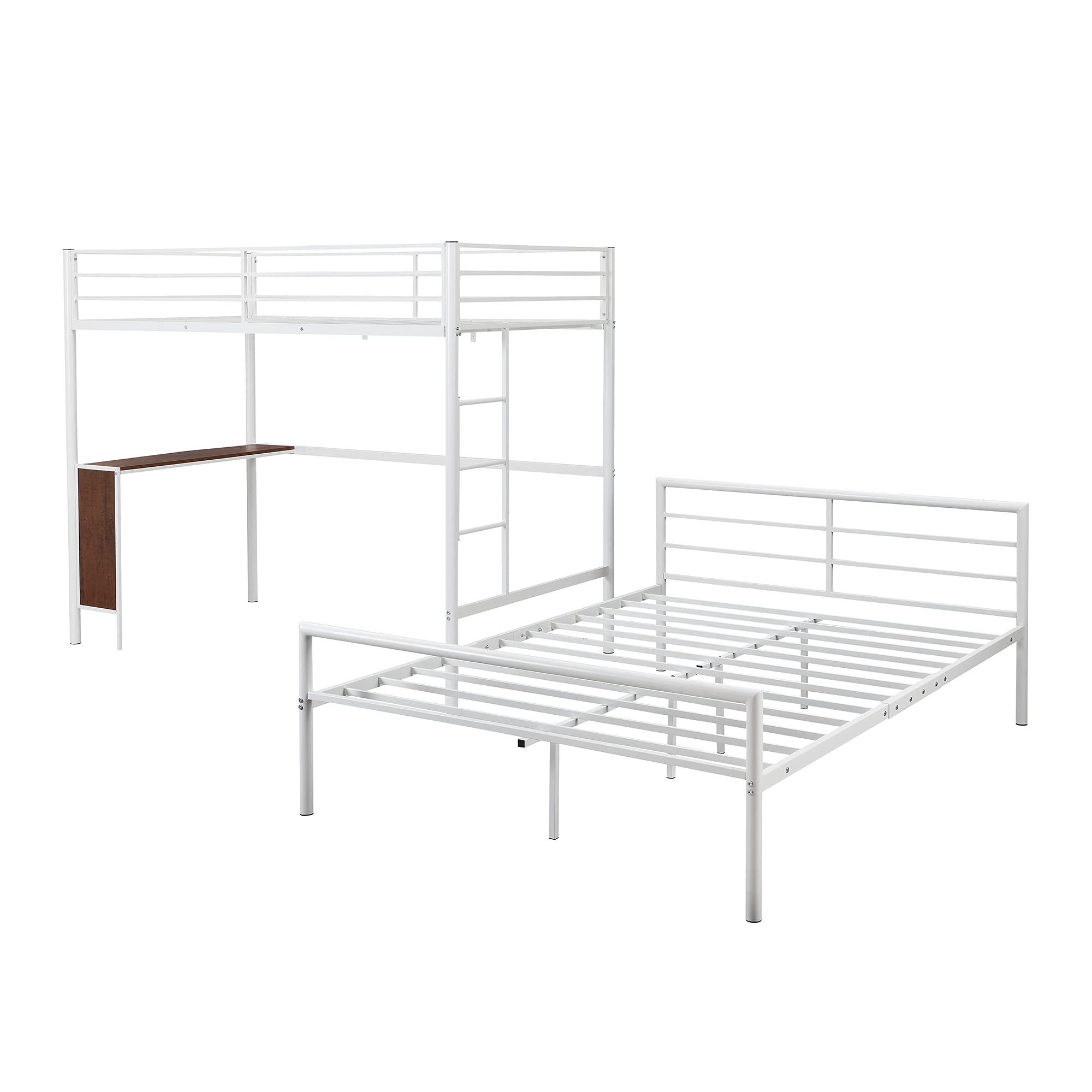 **Metal Twin Over Full Bunk Bed with Built-in Desk & Guardrail - Space-Saving Loft Bed with Flat Steps Ladder, White - Perfect for Kids' Rooms, Dorms & Small Apartments**