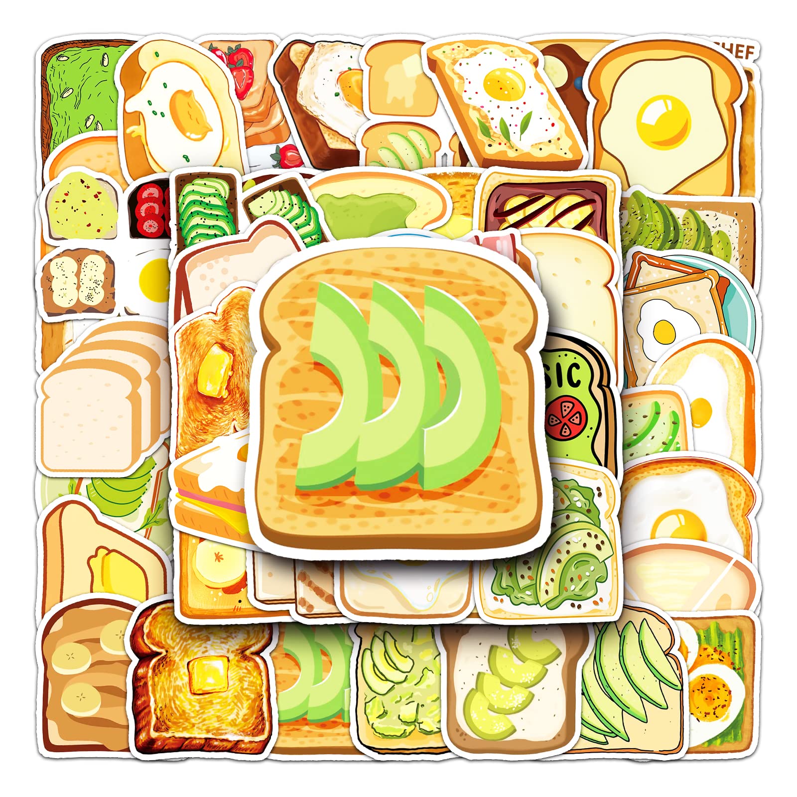 50 Pcs Breakfast Bread Stickers - Waterproof Vinyl Decals for Water Bottles, Laptops, Skateboards, Luggage, Guitars, Cars & Motorcycles - Fun Toast-Themed Sticker Pack for Teens & Adults - Perfect for DIY Decor, School Supplies & Personalizing Accessories