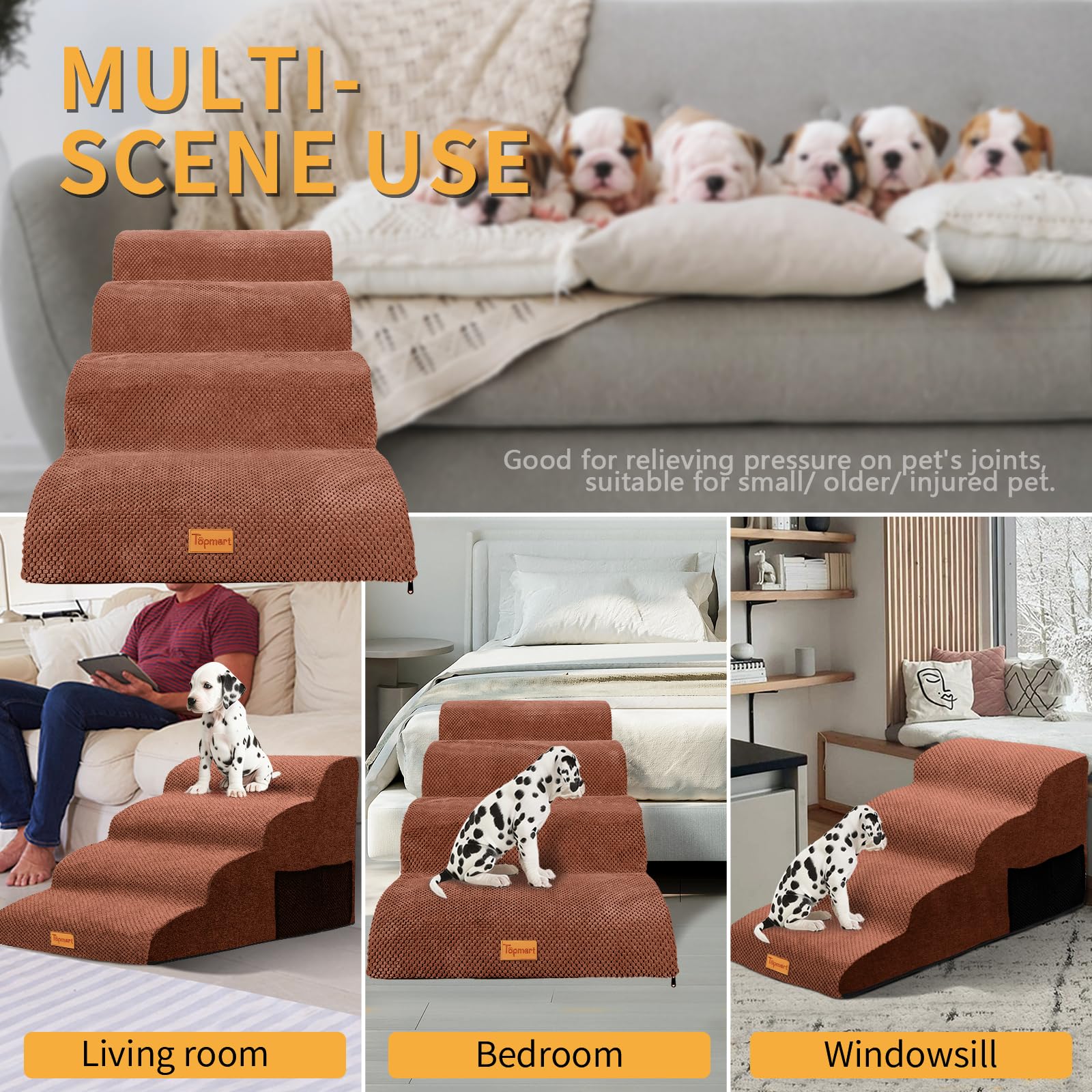 Topmart 4-Tier Extra Wide High Density Foam Dog Steps - Non-Slip Pet Stairs with Waterproof Cover for Elderly & Injured Dogs, Cats with Joint Pain - Perfect for Couches, Beds & Cars