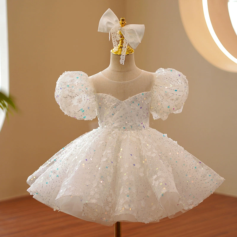 Princess Sweetheart Tea Length Organza Flower Girl Dress in White - Perfect for Weddings, Bridal Showers & Special Occasions
