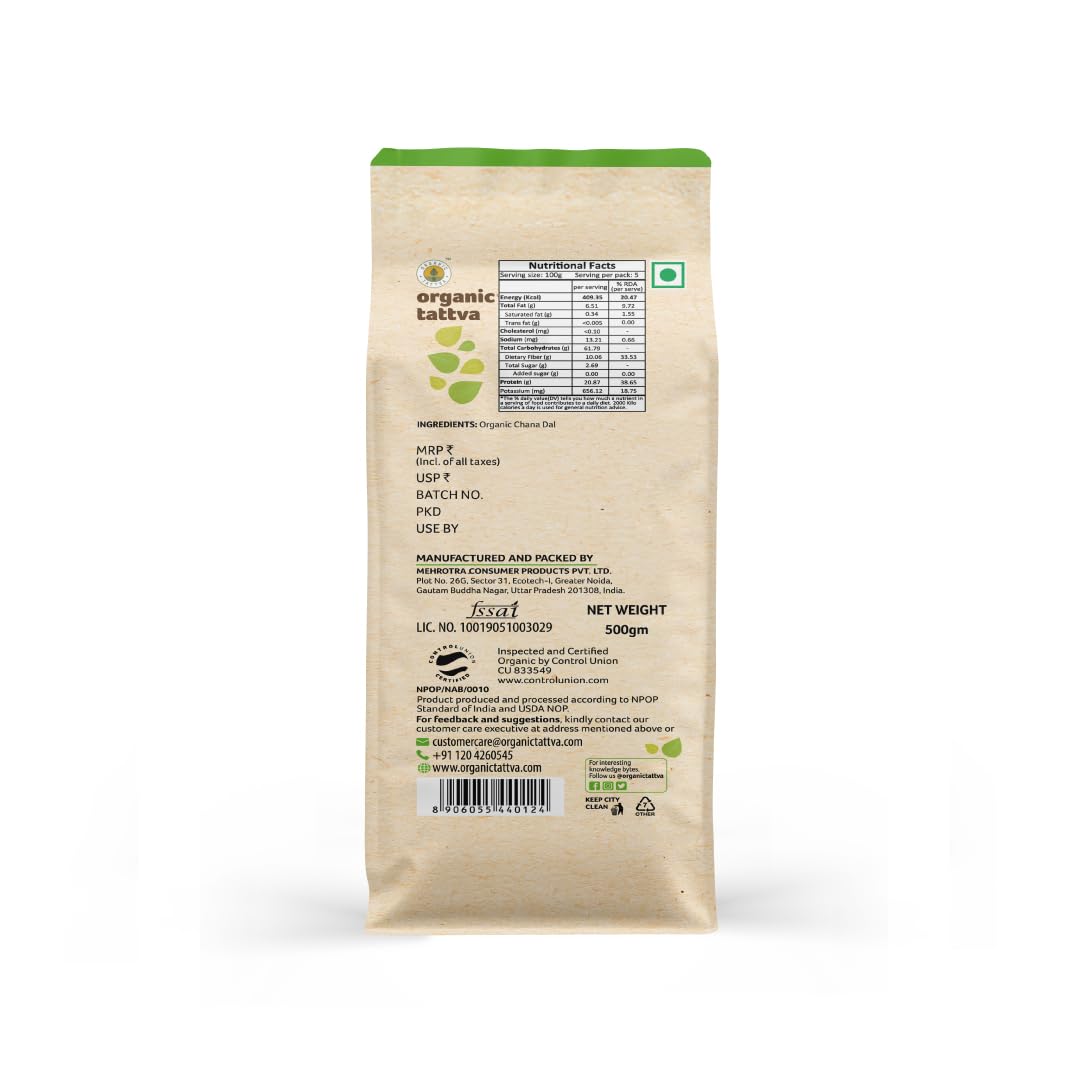 Organic Tattva Chana Dal (Split Bengal Gram) 500g - USDA Organic Certified, Gluten-Free, Non-GMO | Perfect for Indian Curries, Soups & Healthy Vegan Meals