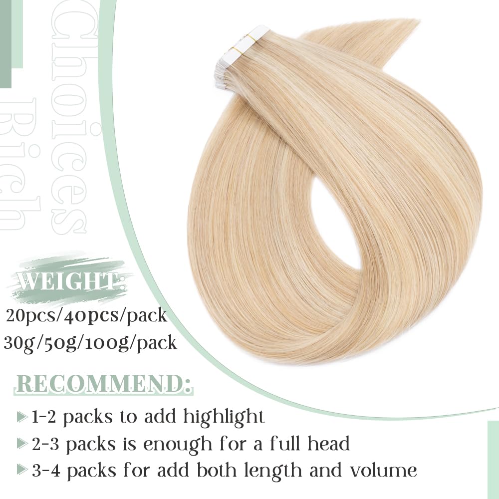 Premium 20-Piece Tape in Hair Extensions - 100% Remy Human Hair, 30g, Balayage Ash Blonde with Highlights - Seamless Straight Double-Sided 10-Inch Extensions for Natural Volume & Length - Perfect for Parties, Weddings & Everyday Styling