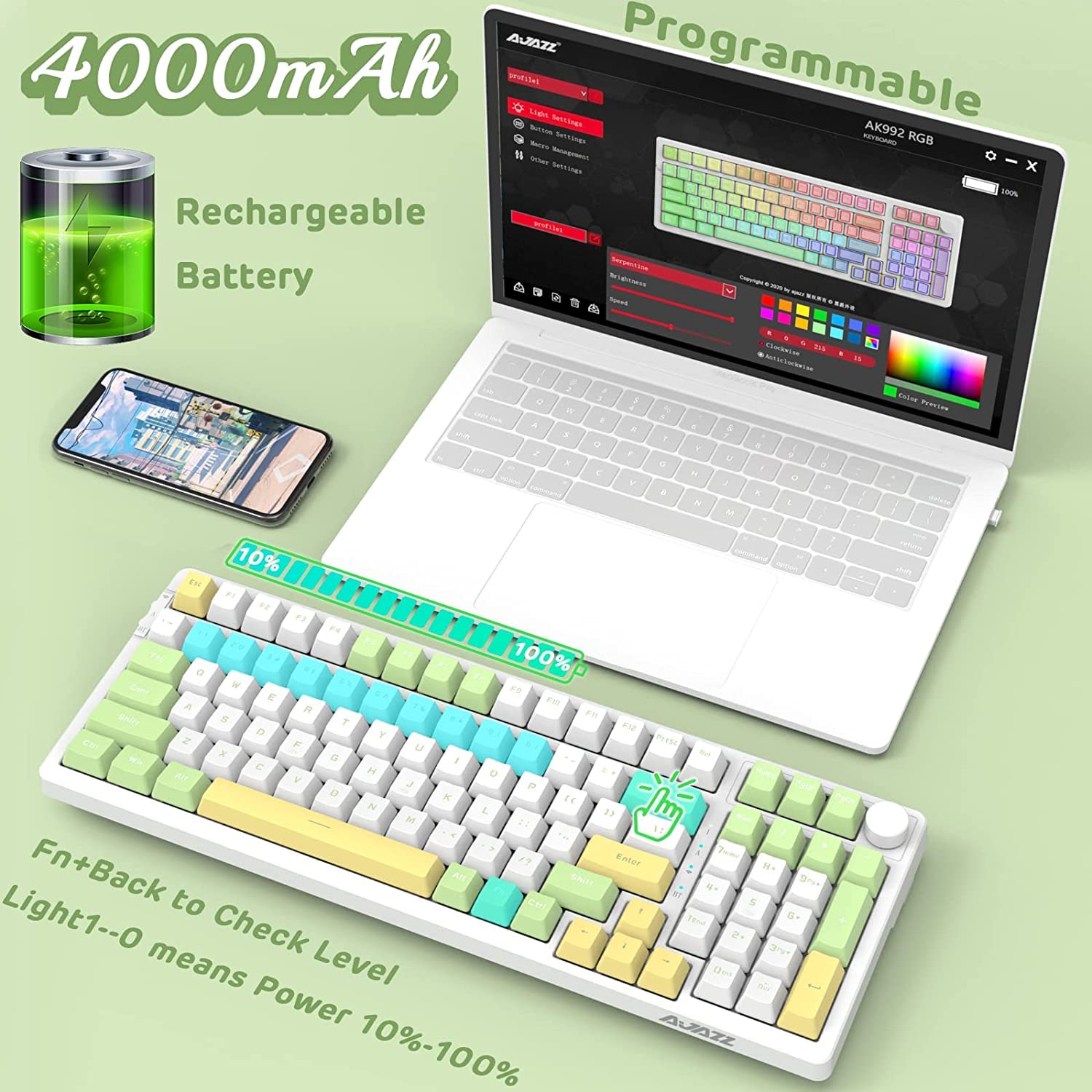 AJAZZ AK992 Hot Swappable Mechanical Gaming Keyboard with 18 RGB Backlight, Wired/Wireless 2.4GHz & Bluetooth 5.0, USB-C Cable, PBT Keycaps, Media Control - Red Switch for PC Windows Mac (Ideal for Gaming, Office Work & Typing)