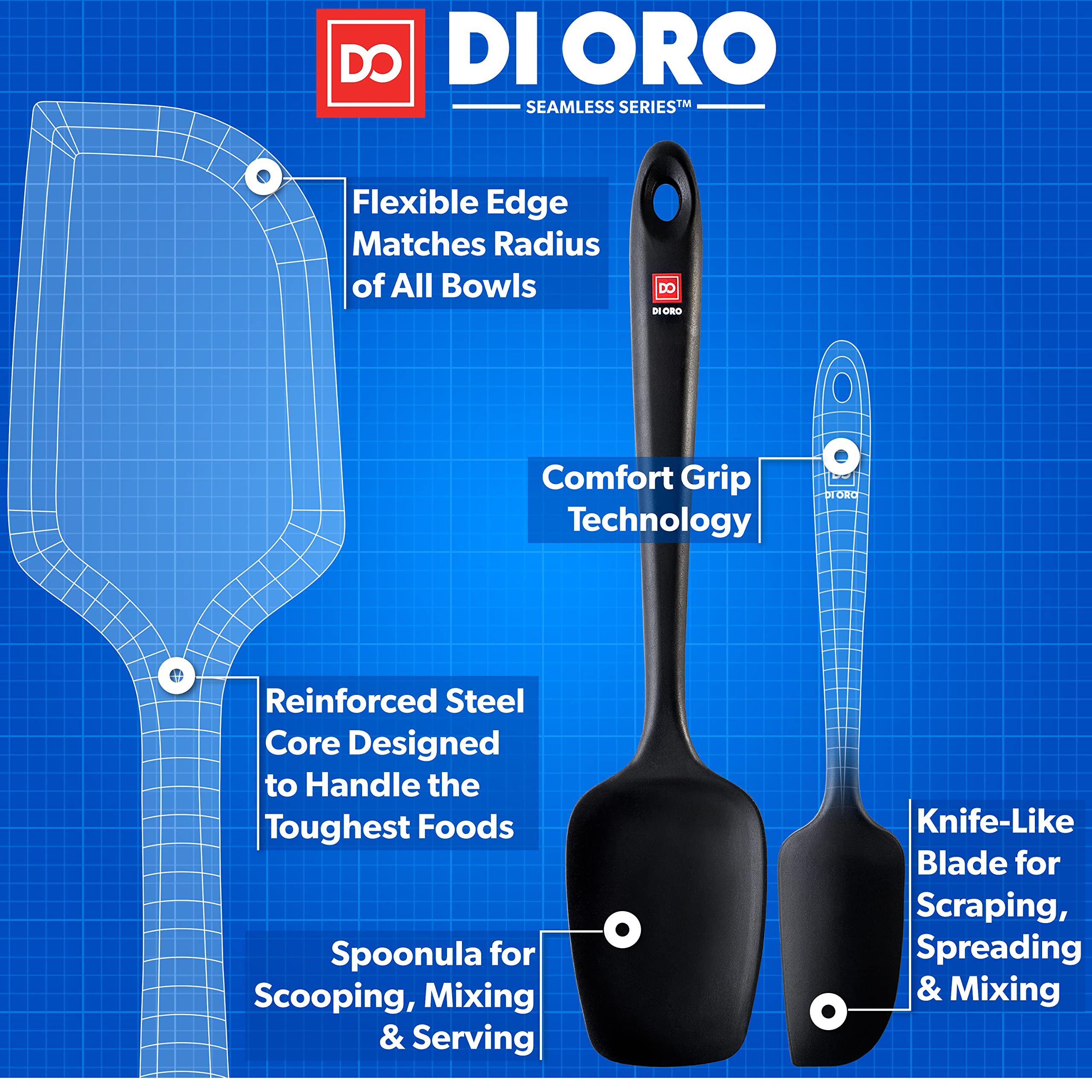 DI ORO Chef Series 3-Piece Turner Spatula Set with 2-Piece Silicone Baking Mats & 3-Piece Silicone Spatulas - Premium Non-Stick Kitchen Utensils for Cooking, Baking, Grilling - Perfect for Home Chefs & Professional Kitchens (Black)