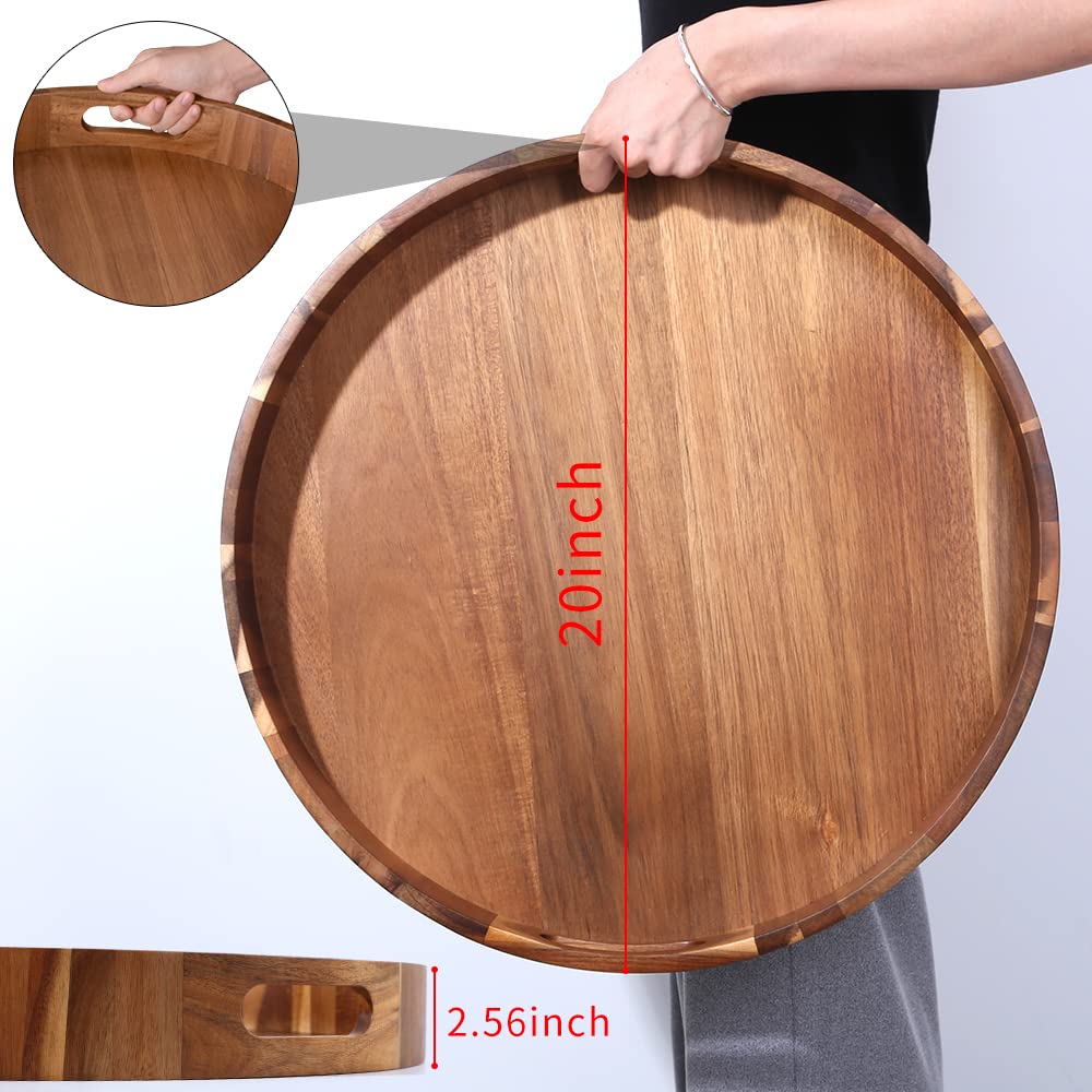 Round Wooden Serving Tray with Handles - 20