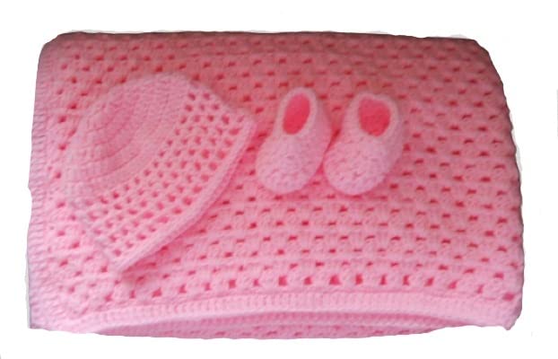 Handmade Crochet Pink Baby Blanket Set with Matching Hat & Booties - Soft Newborn Afghan Gift for Baby Girls - Perfect for Baby Showers, Christenings & Nursery Decor
