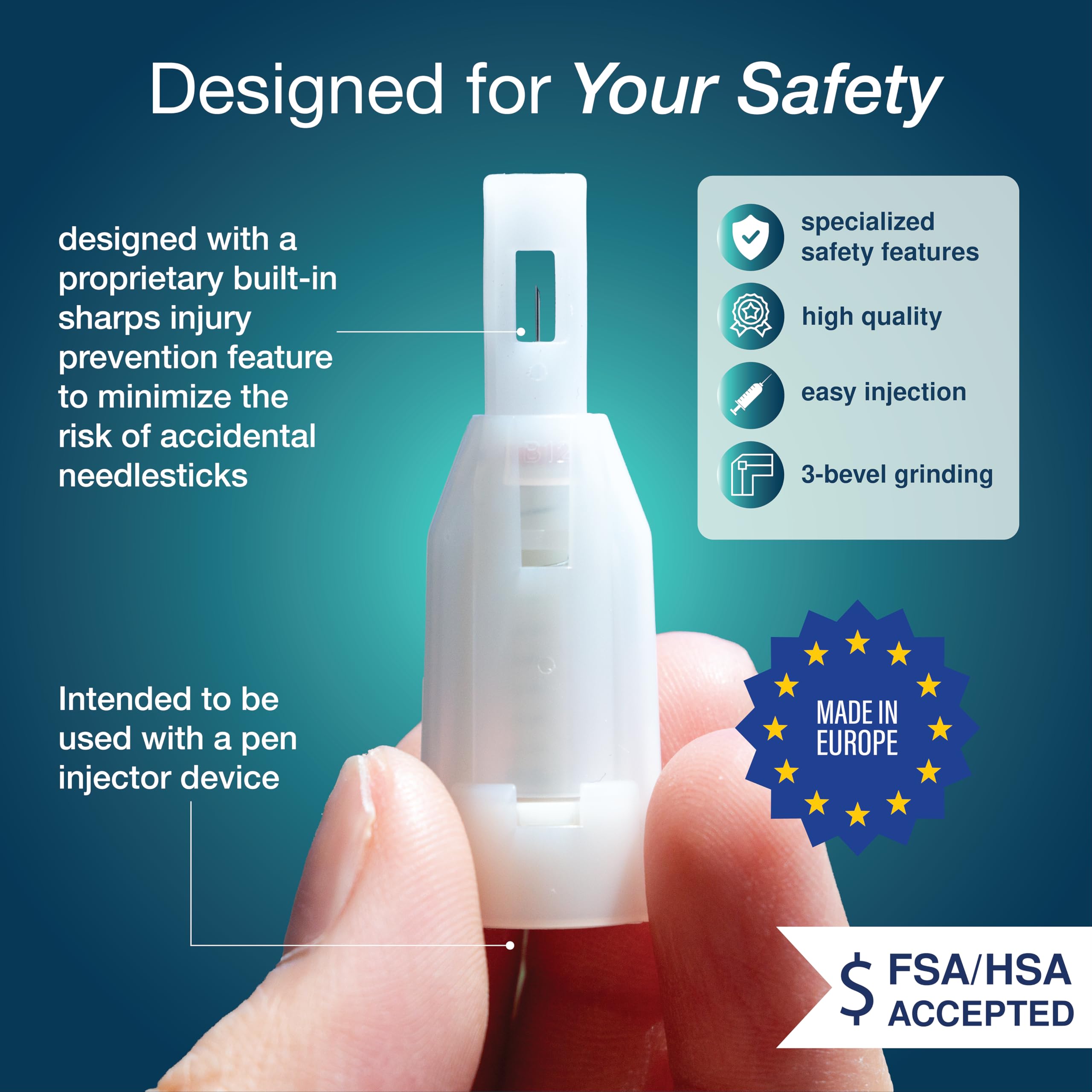 31G x 5mm Safety Pen Needles - 100ct Sterile Box with Locking System for Maximum Protection | Stable Sliding Shield for Gentle Touch & Easy Attachment | Compatible with Most Pen Injectors | Ideal for Diabetes Insulin Therapy & Medication Administration