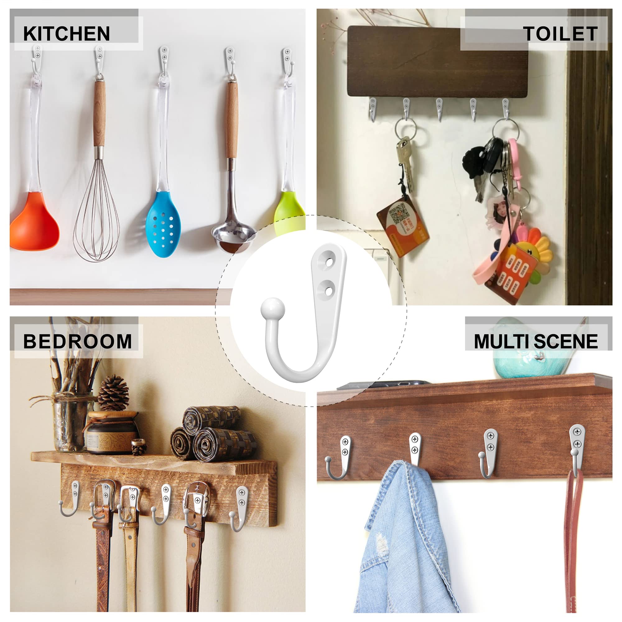 15PCS White Wall Hooks for Towels, Robes & Coats - Heavy Duty Coat Hooks with 30 Screws - Perfect for Bathroom, Bedroom, Kitchen & Entryway Organization