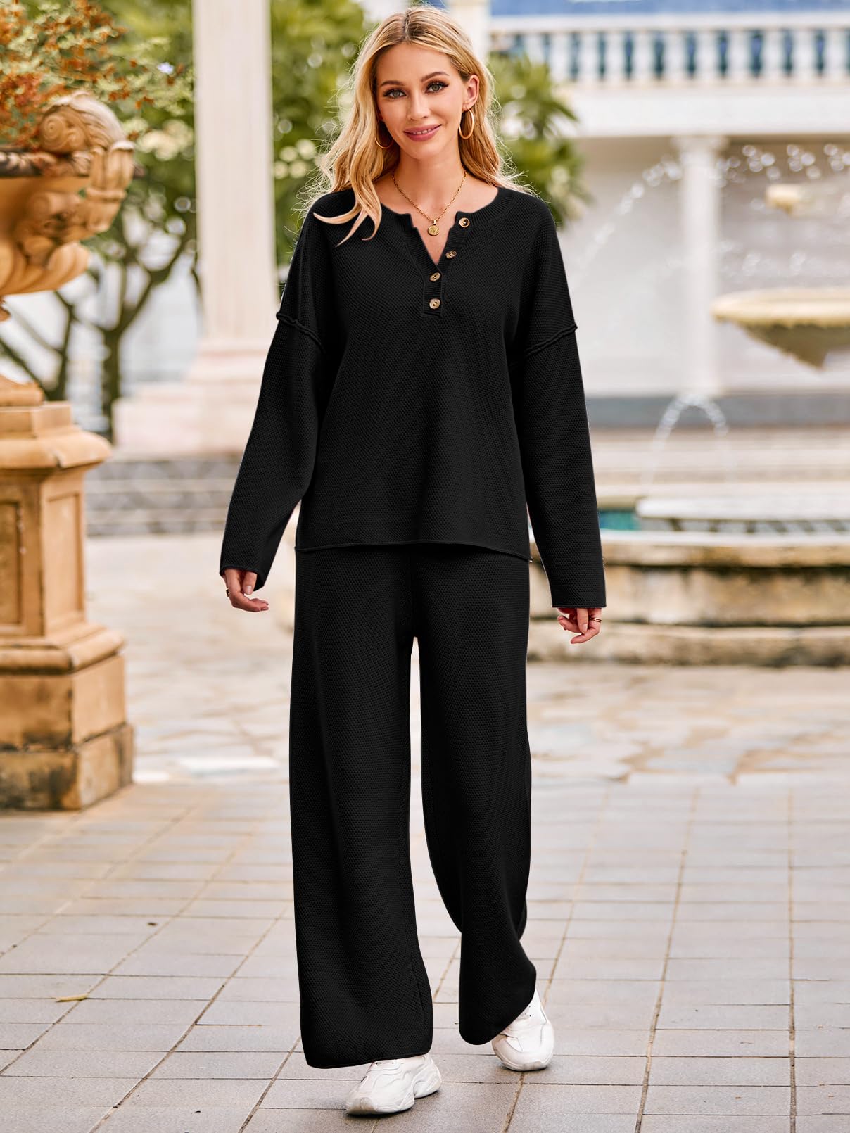 MEROKEETY Women's 2 Piece Outfit Set - Long Sleeve Button Down Knit Pullover Sweater & Lounge Pants Comfy Casual Set | Perfect for Home, Office & Weekend Outings