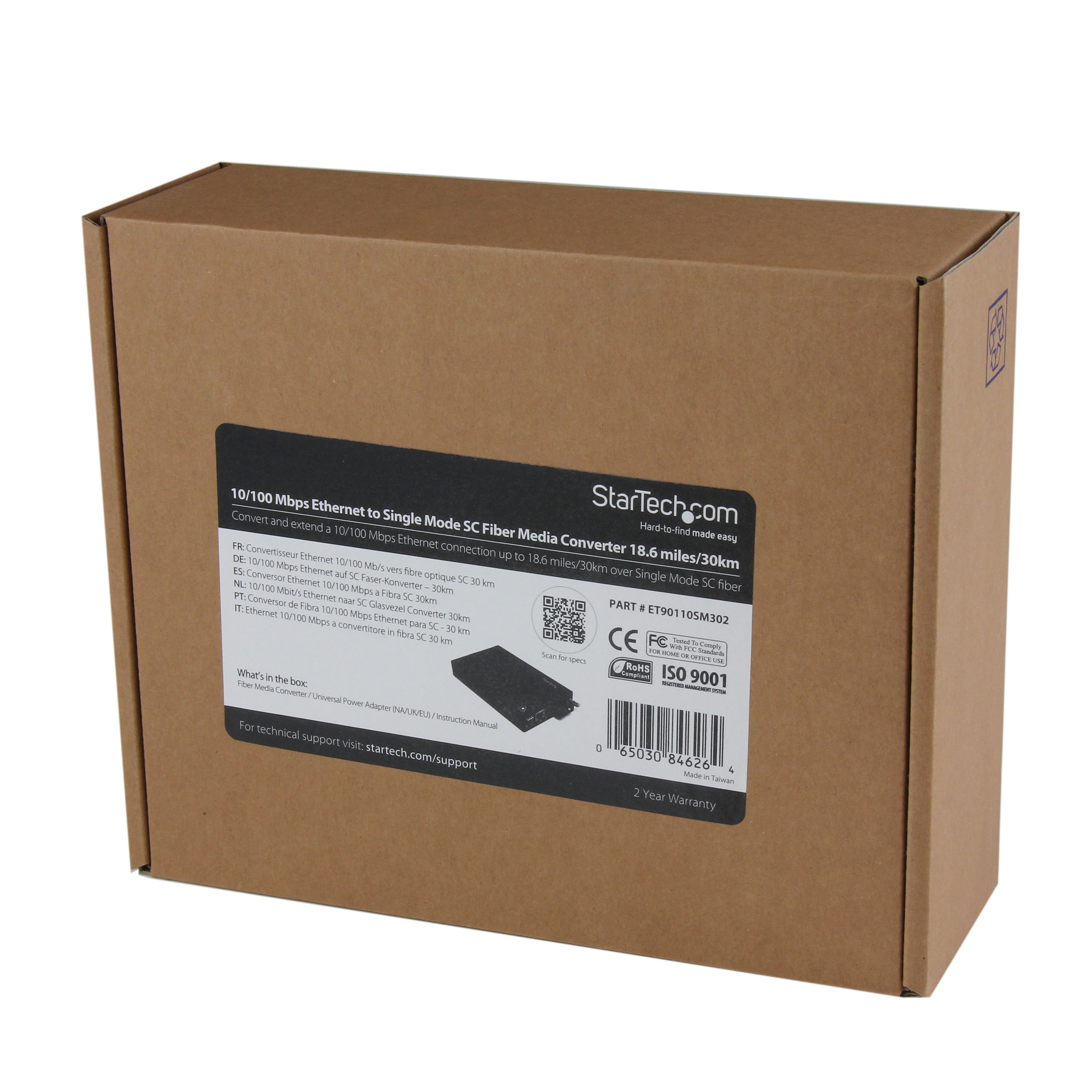 StarTech.com ET90110SM302 10/100 Mbps Single Mode Fiber Media Converter with SC Connectors - 30 km Range for High-Speed Network Extension in Offices, Data Centers & Industrial Applications
