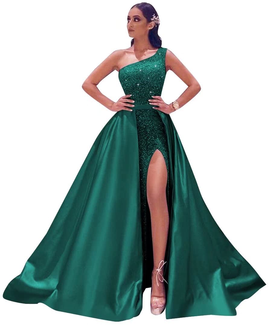 Elegant One Shoulder Sequin Satin Prom Dress 2022 | Women's Formal Long Evening Gown with High Slit for Homecoming, Ball, and Black Tie Events