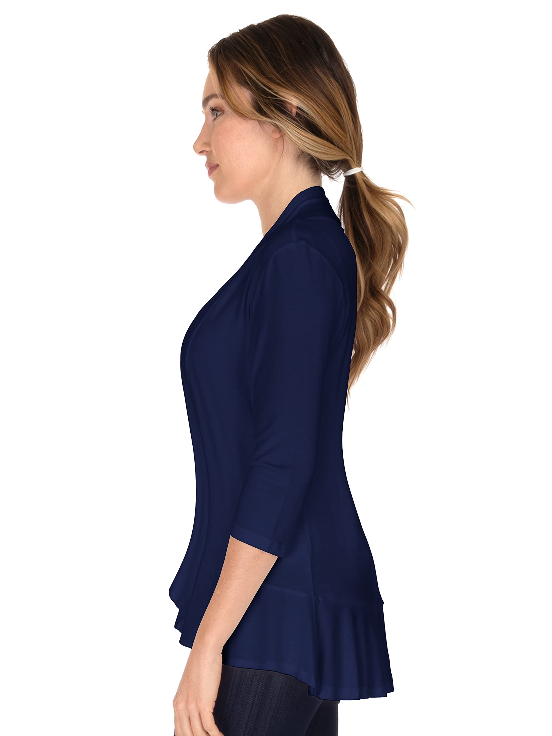 Women's Navy 3/4 Sleeve Ruffle Cardigan Sweater - Small Size | Perfect for Office Wear & Spring Layering